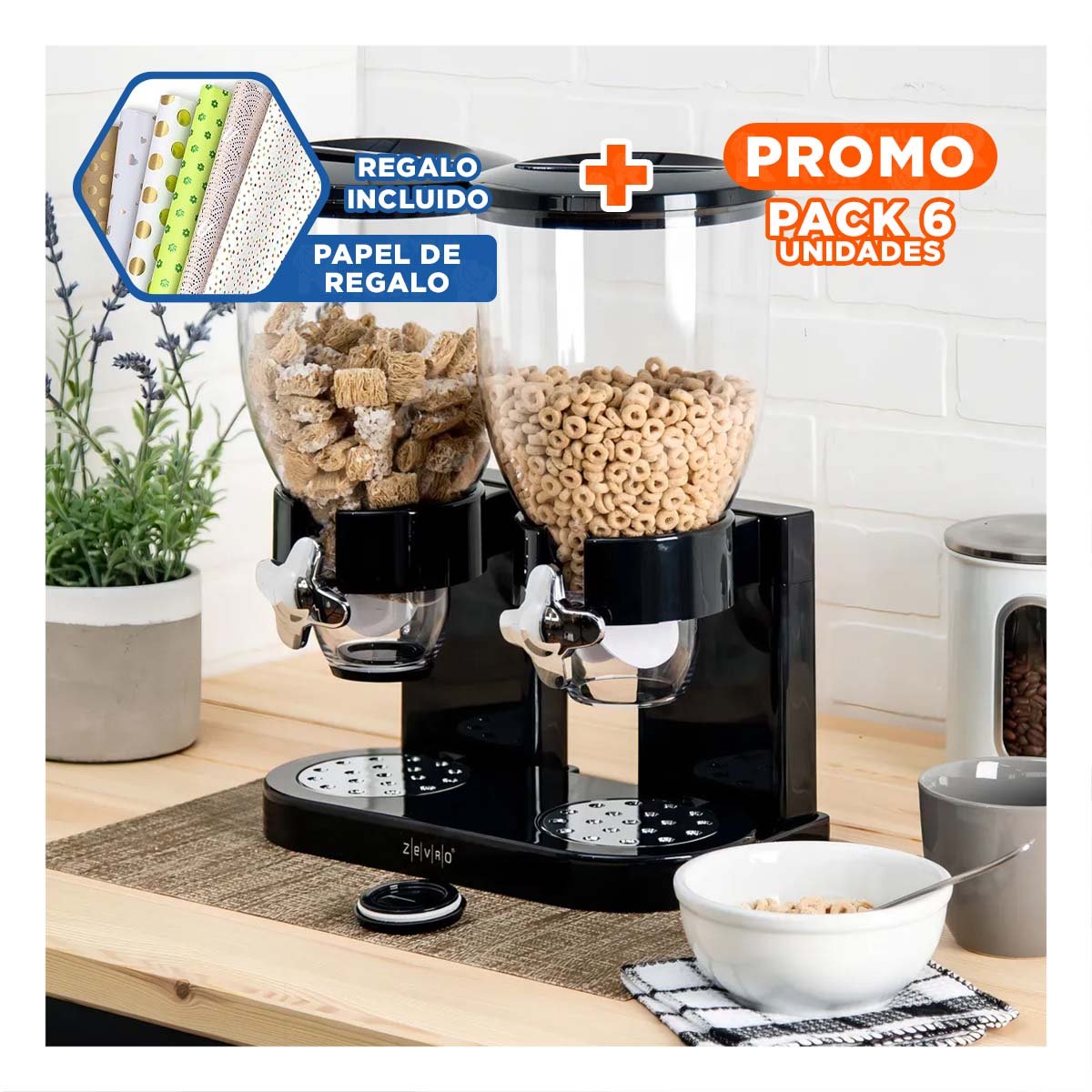 PACK6 ENVASE DOBLE DE GRANOS 2L NEGRO DURADERO Y PRACTICO PARA DESPENSA Y+PAPEL REGALO - 1