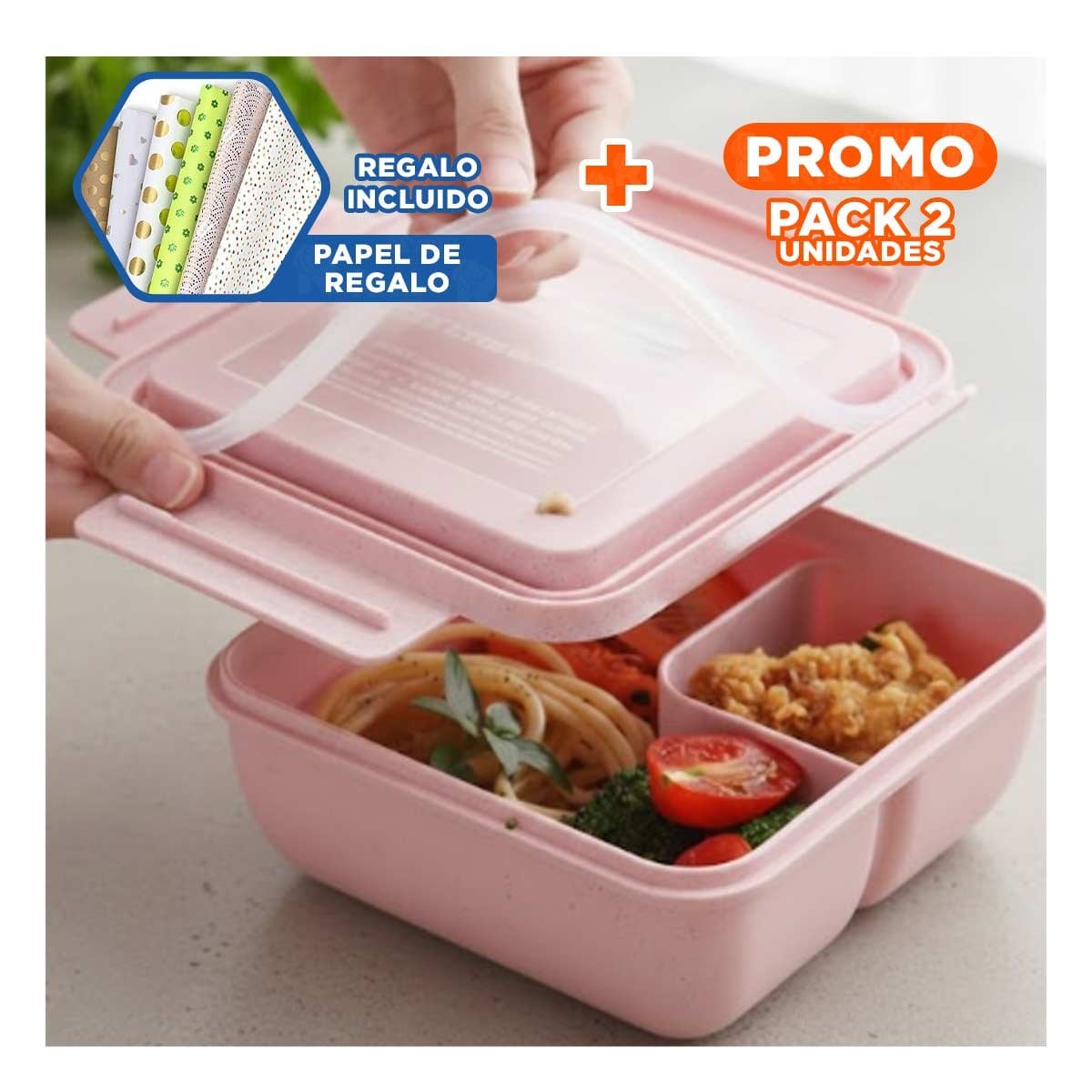 PACK2 ENVASE CUADRADO CON CUBIERTOS 1100ML ROSADO PARA LUNCH Y ORGANIZAR COMIDA Y+PAPEL REGALO - 1