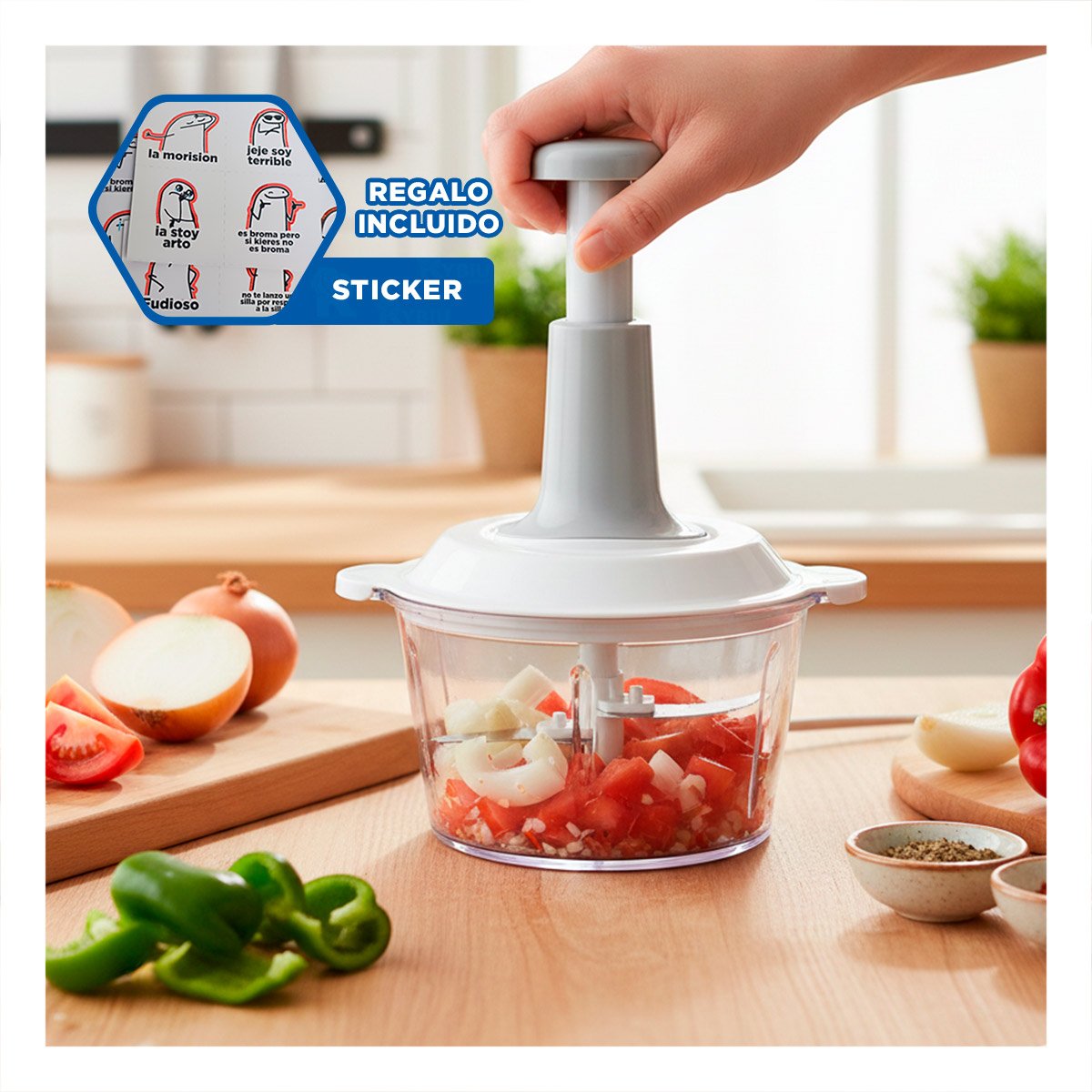PICADORA COMPACTA MULTIFUNCIONAL 1 5L BLANCO Y PLOMO PARA USO DIARIO EN COCINA Y+REGALO STICKER - 1