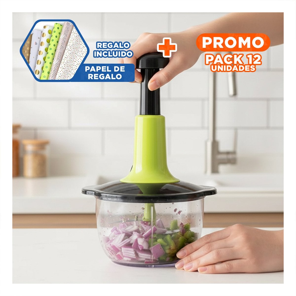 PACK12 PROCESADOR RAPIDO MULTIFUNCIONAL 1 5L BLANCO Y PLOMO PARA CORTAR VERDURAS Y+PAPEL REGALO - 1