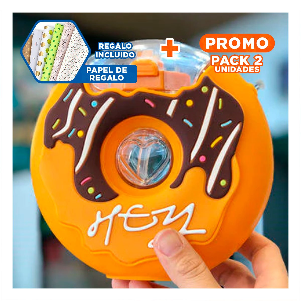 PACK2 BOTELLA PARA AGUA FUCSIA CIRCULAR 14X5CM RESISTENTE Y COMPACTA Y+PAPEL REGALO - 1