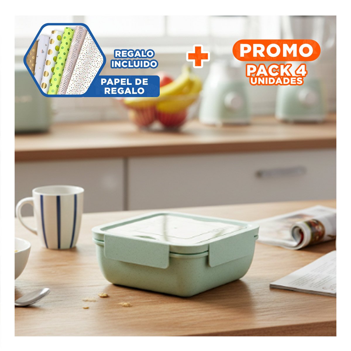 PACK4 CAJA CUADRADA CON CUBIERTOS 1100ML ROSADO PARA LUNCH Y TRANSPORTAR COMIDA Y+PAPEL REGALO - 1
