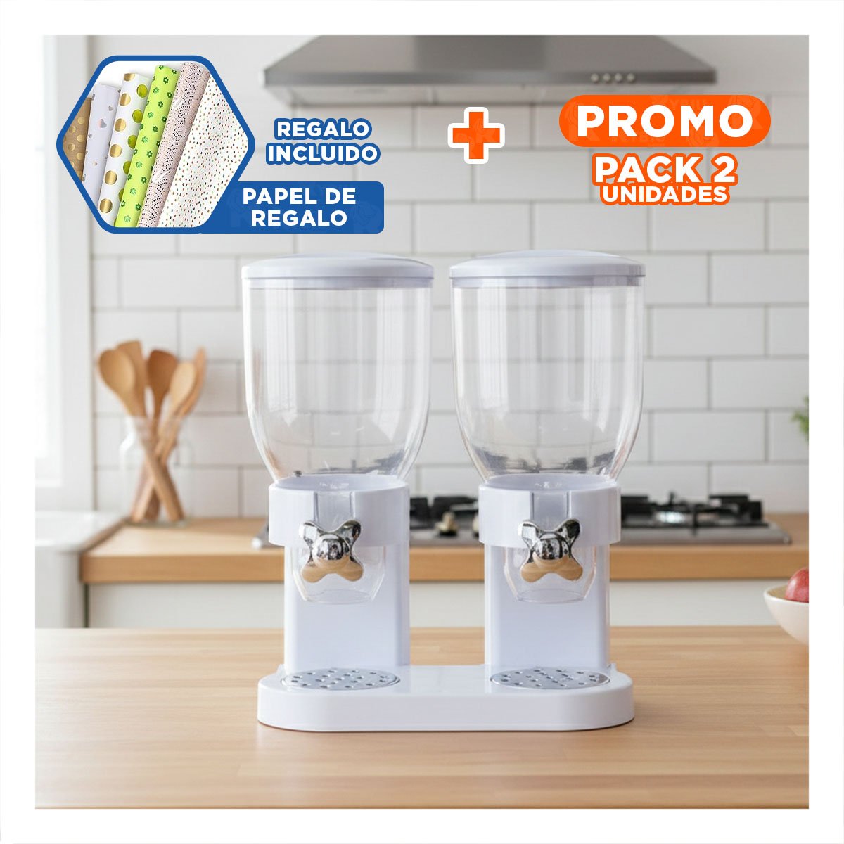 PACK2 SILO DOBLE DE GRANOS 2L NEGRO COMPACTO Y UTIL PARA ALMACENAR GRANOS Y+PAPEL REGALO - 1