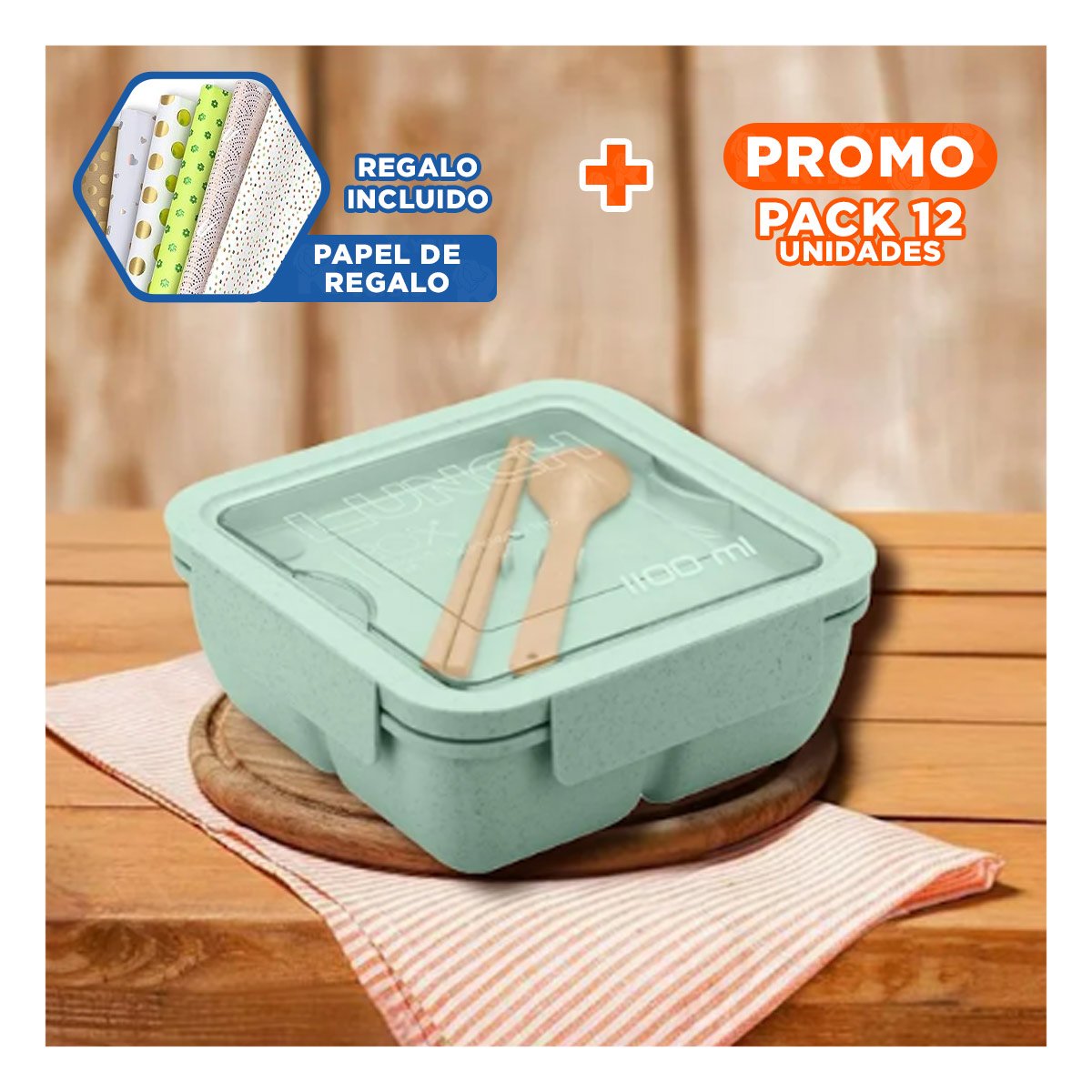 PACK12 TAPER CUADRADO CON CUBIERTOS 1100ML ROSADO PARA TRANSPORTAR COMIDA Y+PAPEL REGALO - 1