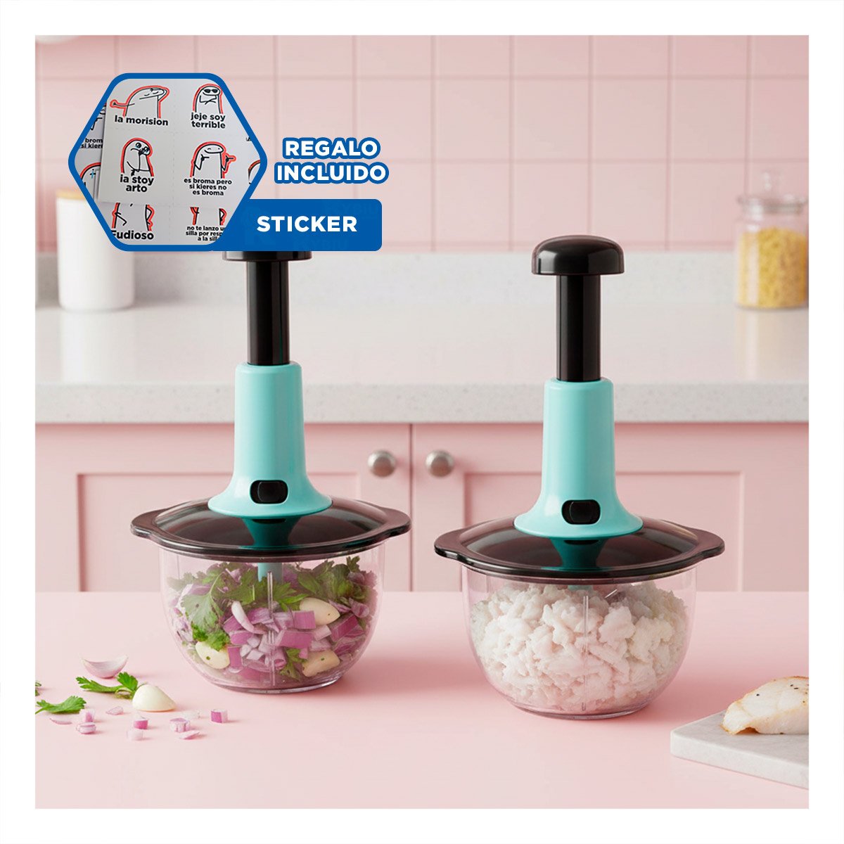 PICADORA COMPACTA MULTIFUNCIONAL 1 5L BLANCO Y PLOMO PARA USO DIARIO EN COCINA Y+REGALO STICKER - 1