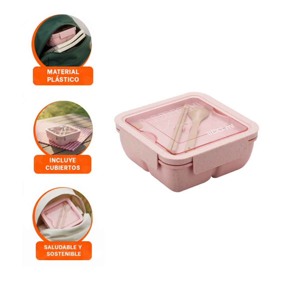 RECIPIENTE CUADRADO CON CUBIERTOS 1100ML ROSADO PARA LUNCH Y MANTENER FRESCA - 3