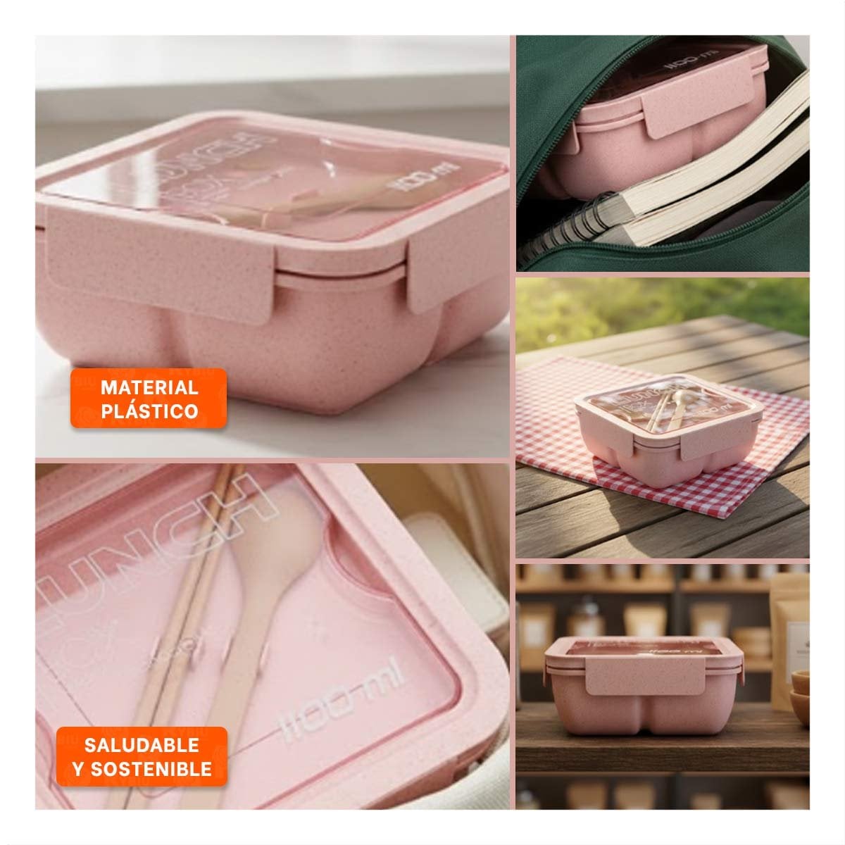RECIPIENTE CUADRADO CON CUBIERTOS 1100ML ROSADO PARA LUNCH Y MANTENER FRESCA - 5