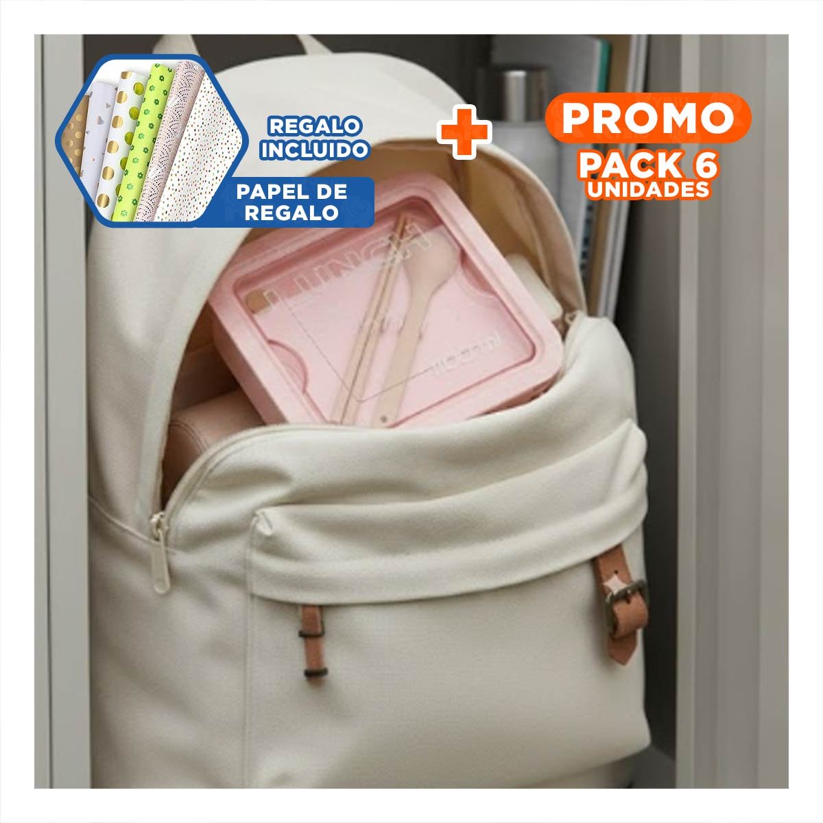 PACK6 CAJA CUADRADA CON CUBIERTOS 1100ML ROSADO PARA LUNCH Y LLEVAR COMIDA Y+PAPEL REGALO - 1