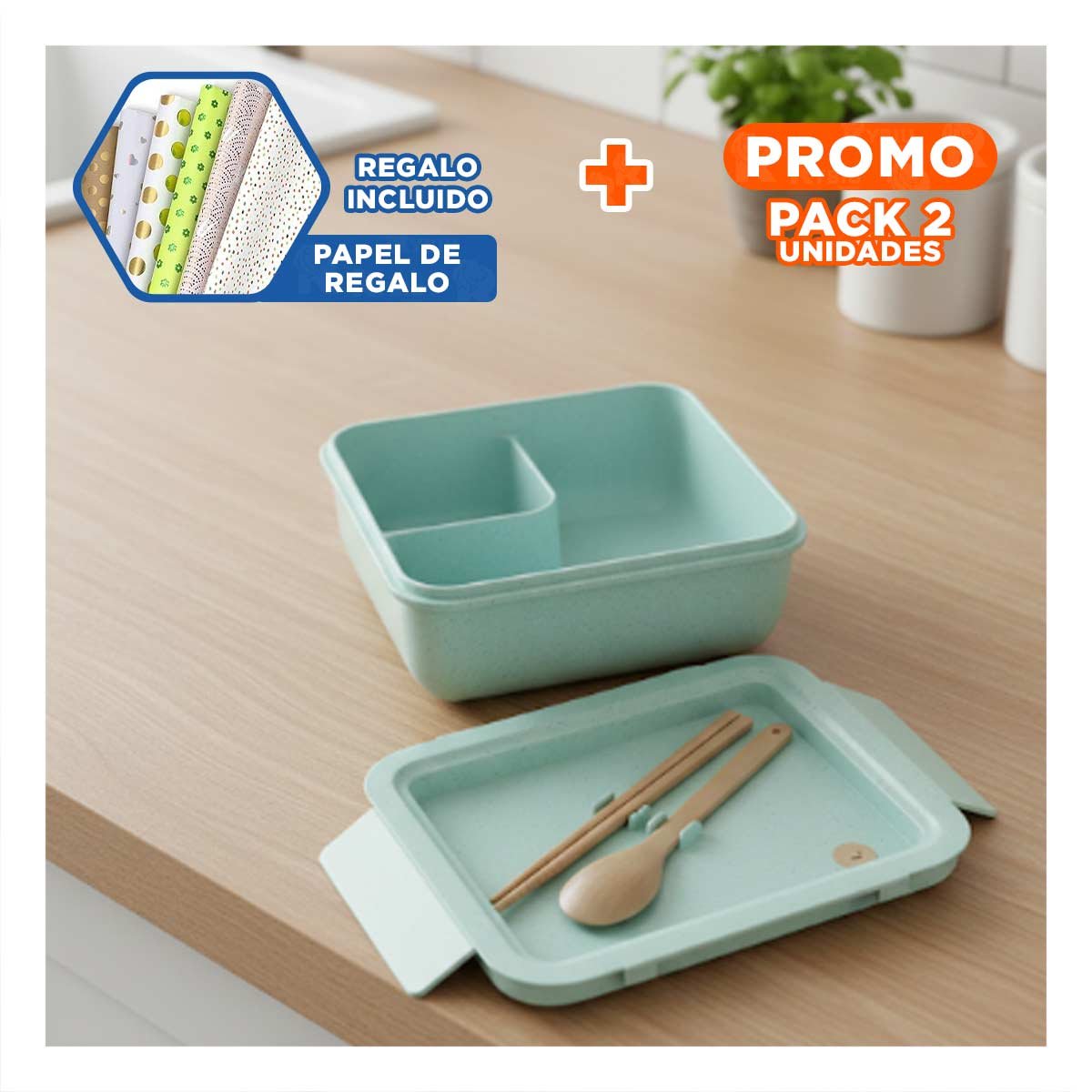 PACK2 ENVASE CUADRADO CON CUBIERTOS 1100ML ROSADO PARA LUNCH Y ORGANIZAR COMIDA Y+PAPEL REGALO - 1