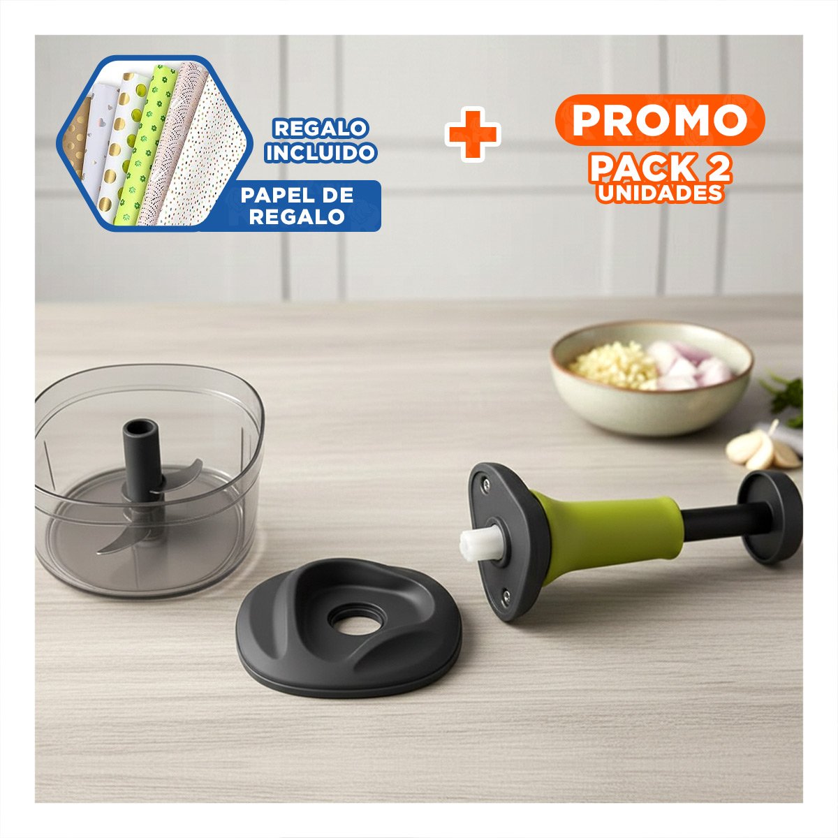PACK2 CORTADOR DE VERDURAS MULTIFUNCIONAL 1 5L BLANCO Y PLOMO PARA USO FAMILIAR Y+PAPEL REGALO - 1