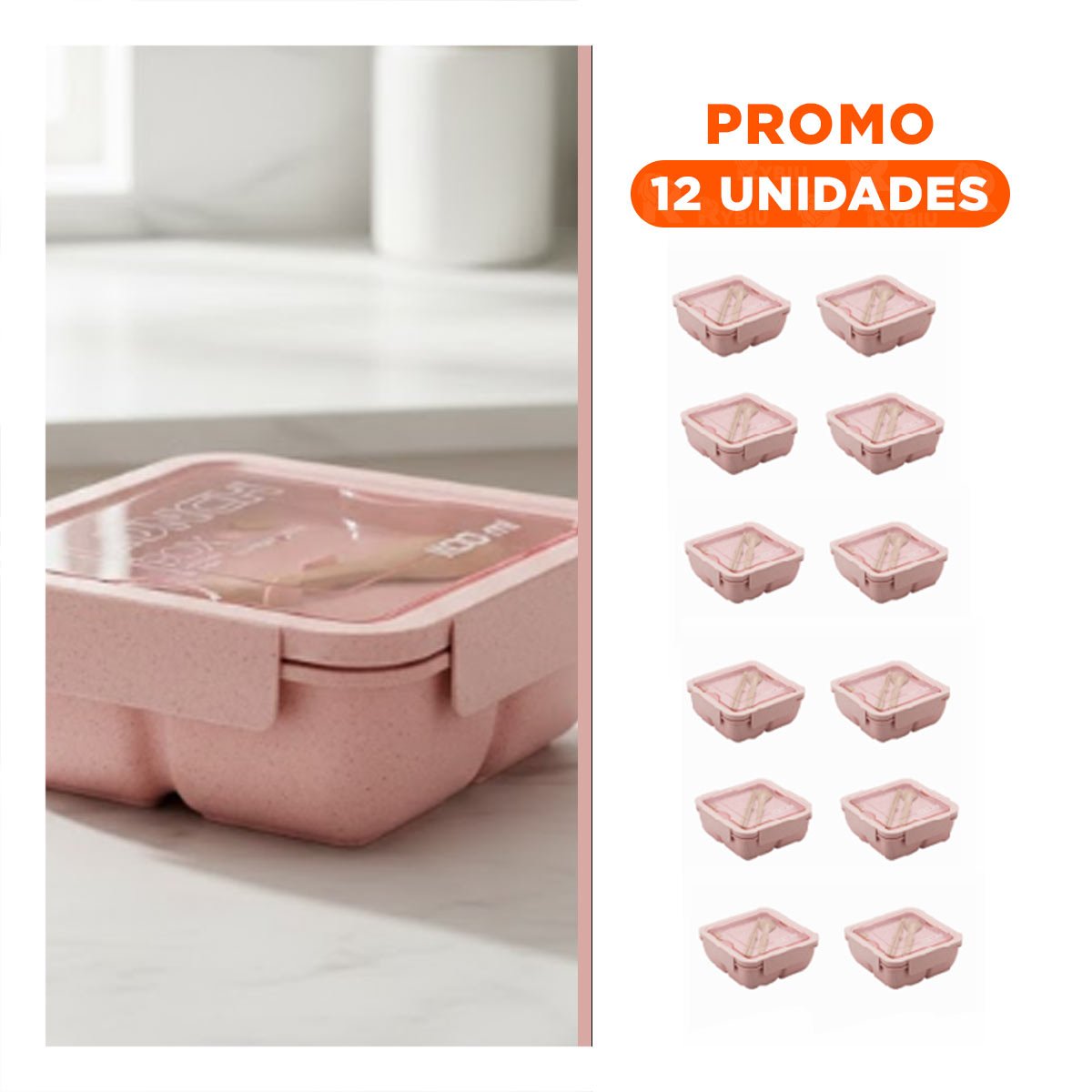 PACK12 TAPER CUADRADO CON CUBIERTOS 1100ML ROSADO PARA MANTENER ALIMENTOS Y+REGALO STICKER - 1