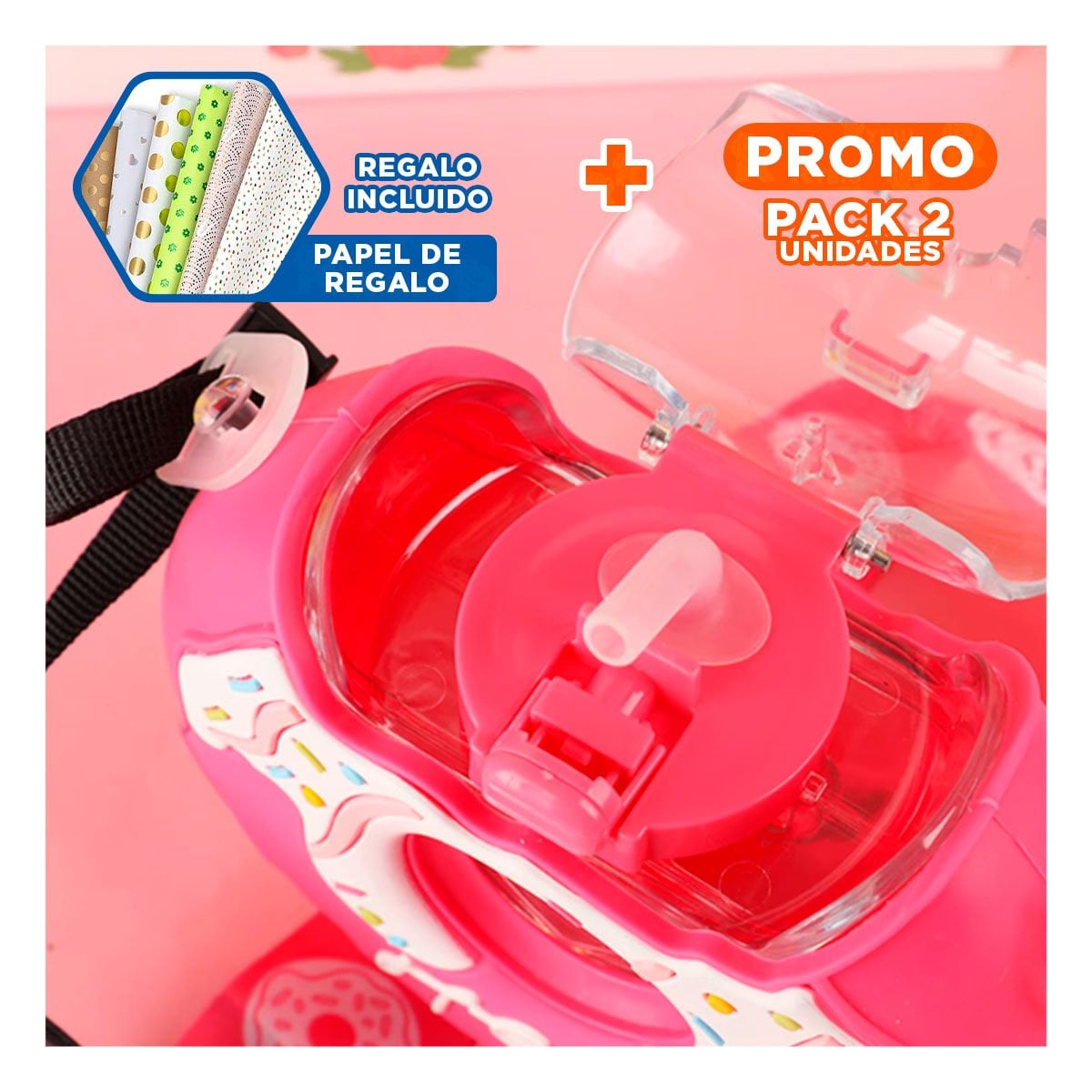 PACK2 BOTELLA PARA AGUA FUCSIA CIRCULAR 14X5CM RESISTENTE Y COMPACTA Y+PAPEL REGALO - 1