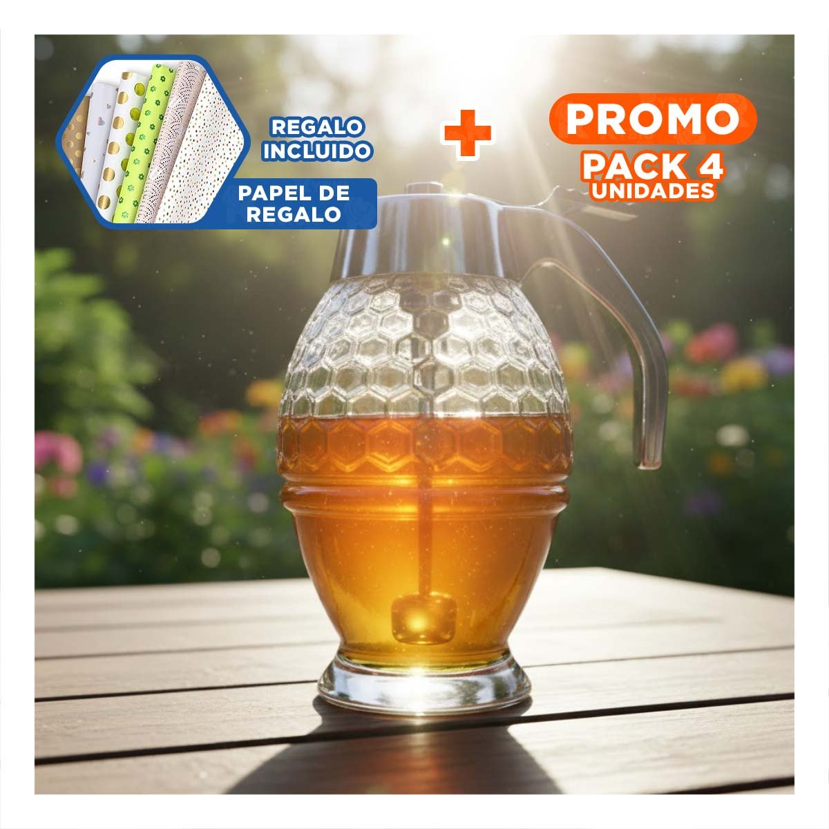 PACK4 BOTE DE VIDRIO MIELERO 200ML TRANSPARENTE PARA DESAYUNO Y REPOSTERIA Y+PAPEL REGALO - 1