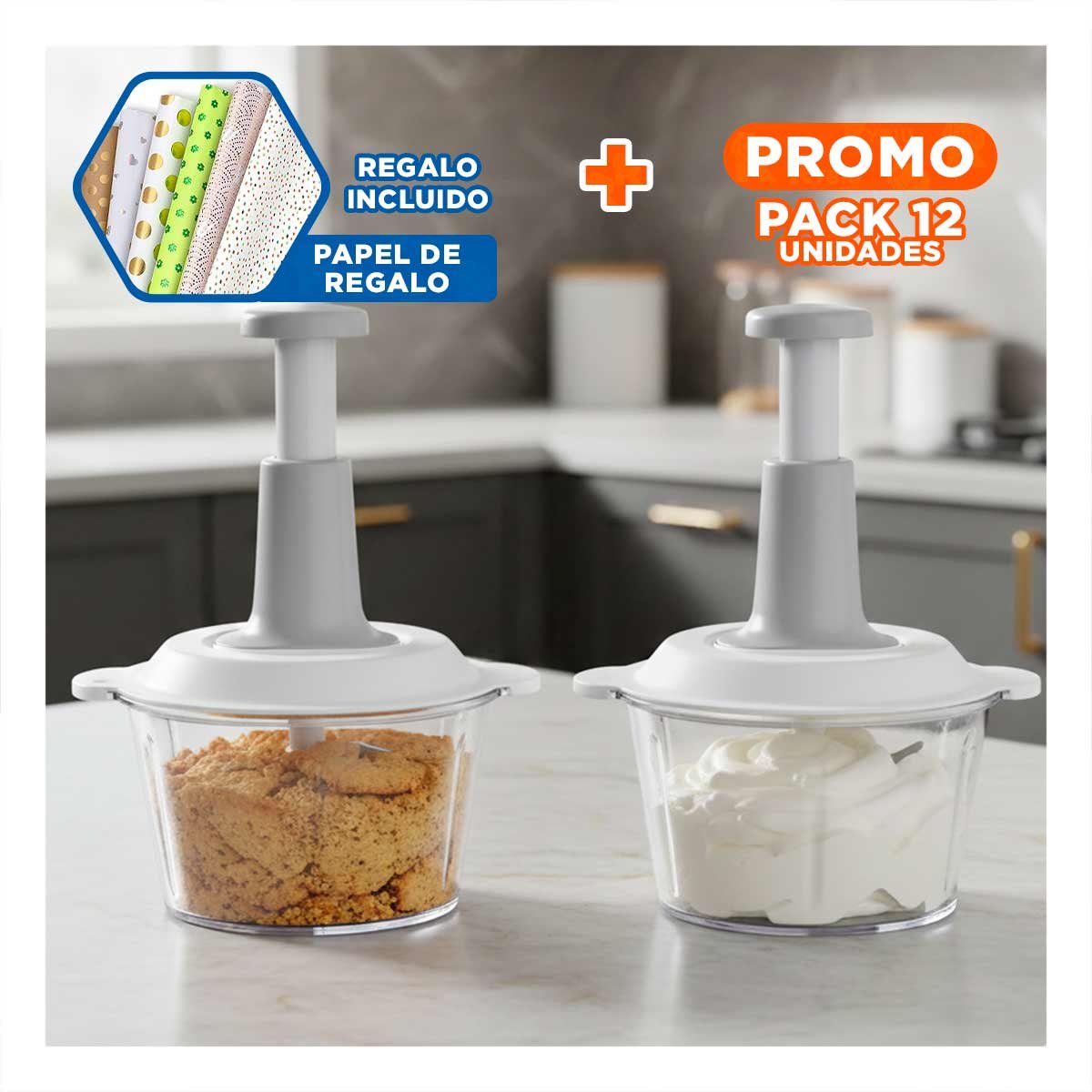 PACK12 PROCESADOR RAPIDO MULTIFUNCIONAL 1 5L BLANCO Y PLOMO PARA CORTAR VERDURAS Y+PAPEL REGALO - 1