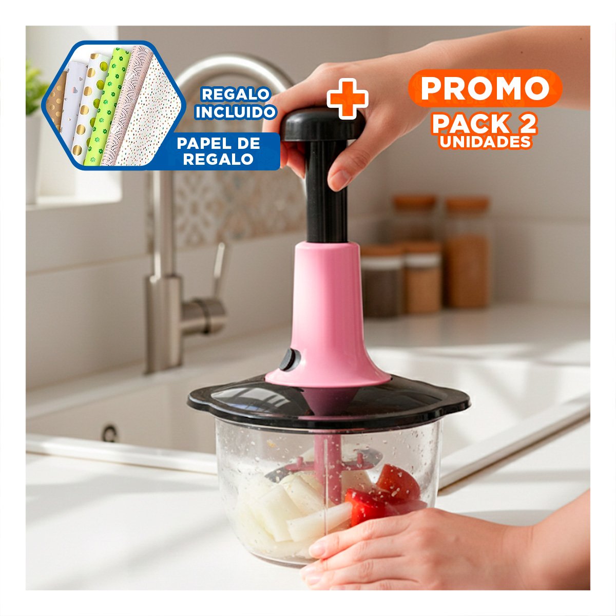 PACK2 CORTADOR DE VERDURAS MULTIFUNCIONAL 1 5L BLANCO Y PLOMO PARA USO FAMILIAR Y+PAPEL REGALO - 1