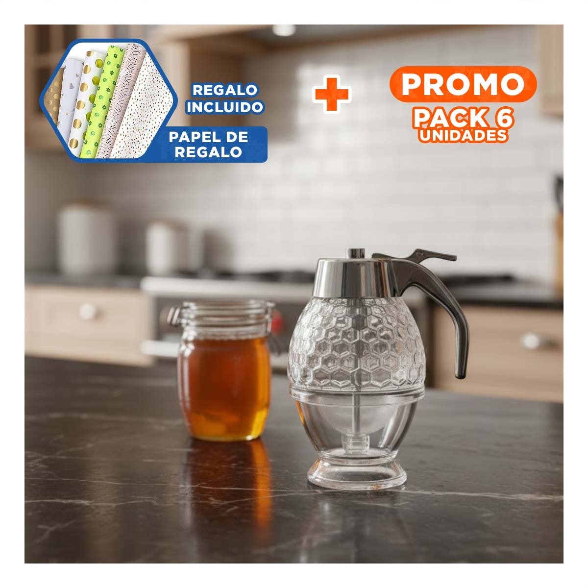 PACK6 BOTE DE VIDRIO MIELERO 200ML TRANSPARENTE PARA HOGAR Y COCINA Y+PAPEL REGALO - 1