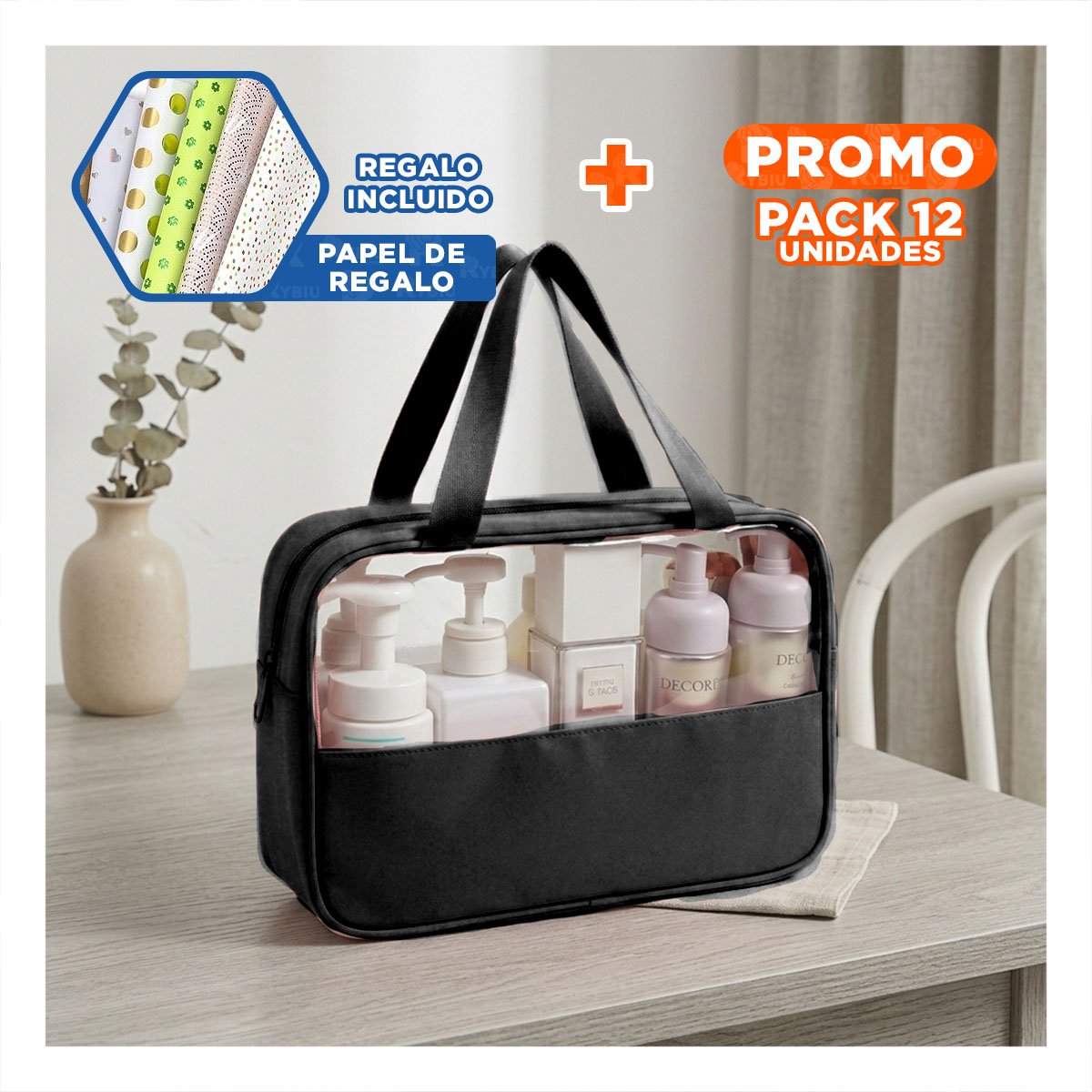 PACK12 CAJA RECTANGULAR CON ASAS PARA COSMETICOS NEGRO AMPLIO Y FUNCIONAL Y+PAPEL REGALO - 1