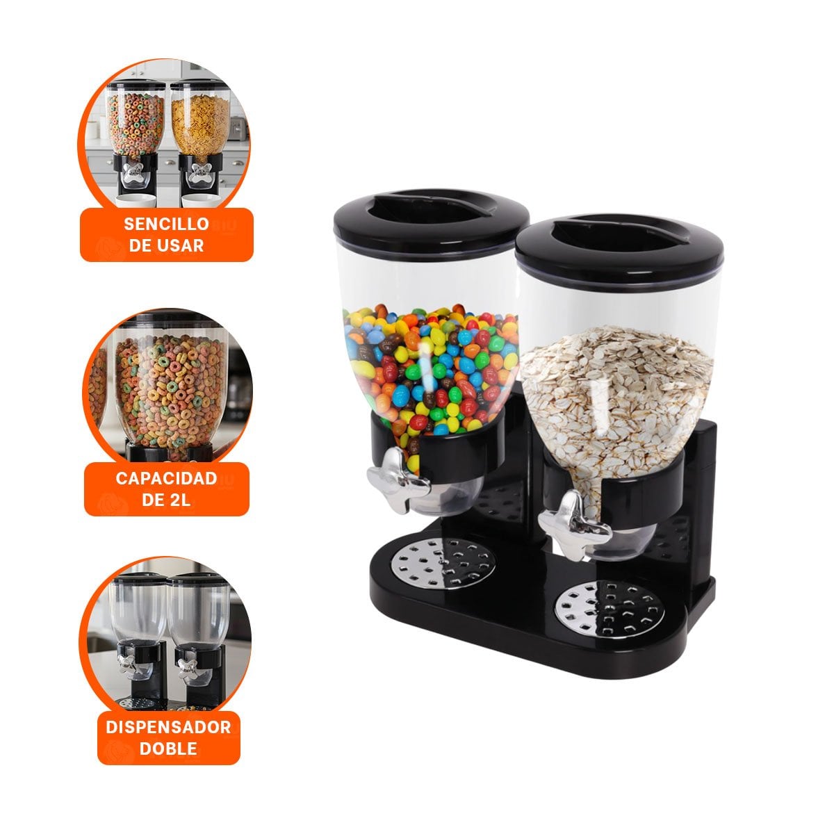DISPENSADOR DOBLE DE GRANOS 2L NEGRO EFICIENTE Y FACIL DE LIMPIAR - 3