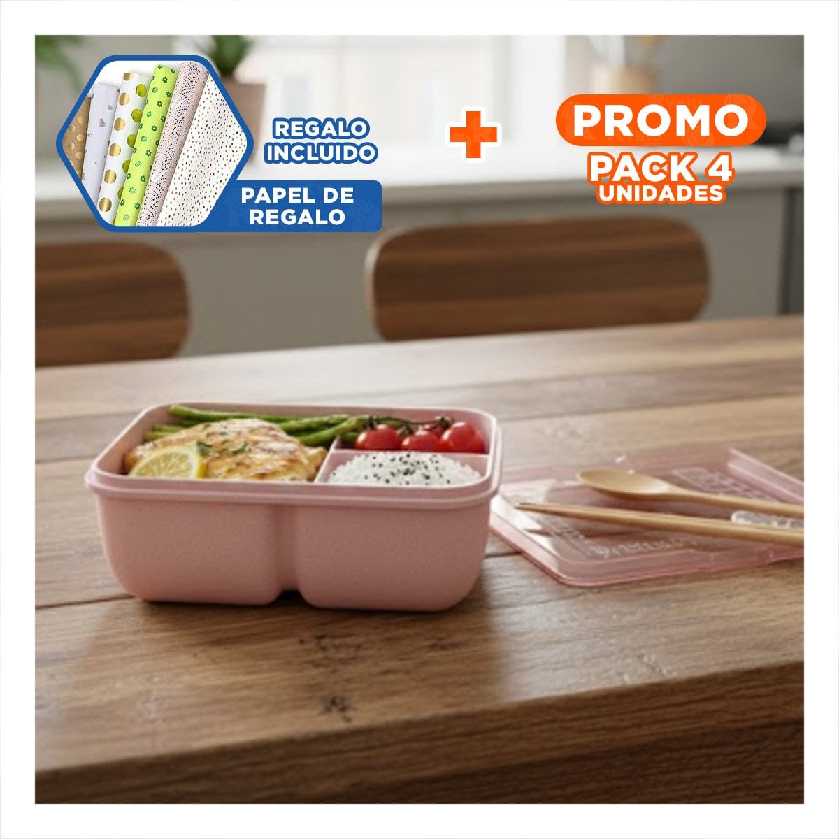 PACK4 CAJA CUADRADA CON CUBIERTOS 1100ML ROSADO PARA LUNCH Y TRANSPORTAR COMIDA Y+PAPEL REGALO - 1