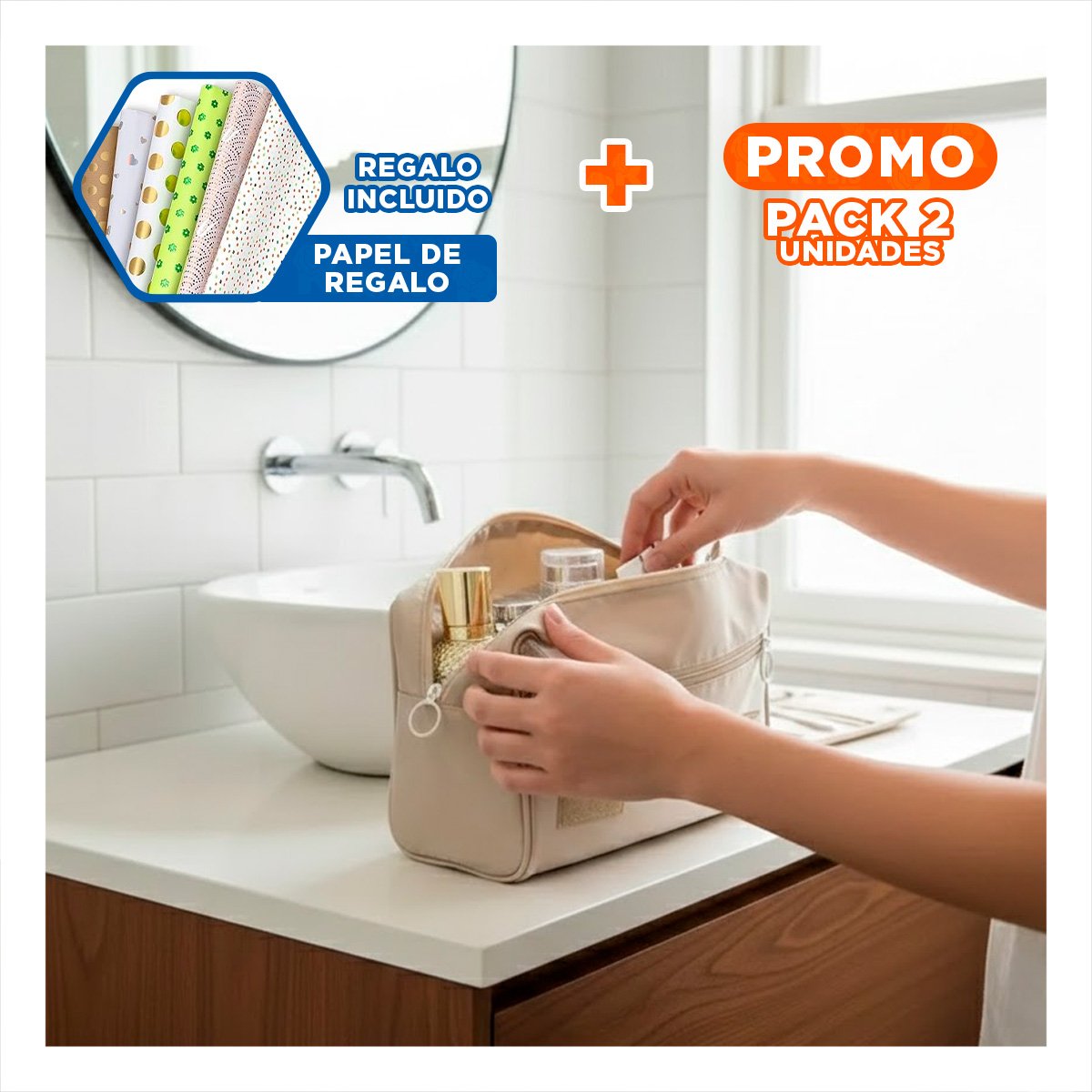 PACK2 NECESER COLGANTE 24X8X19 CM BEIGE CON COMPARTIMENTOS PARA PRODUCTOS Y+PAPEL REGALO - 1