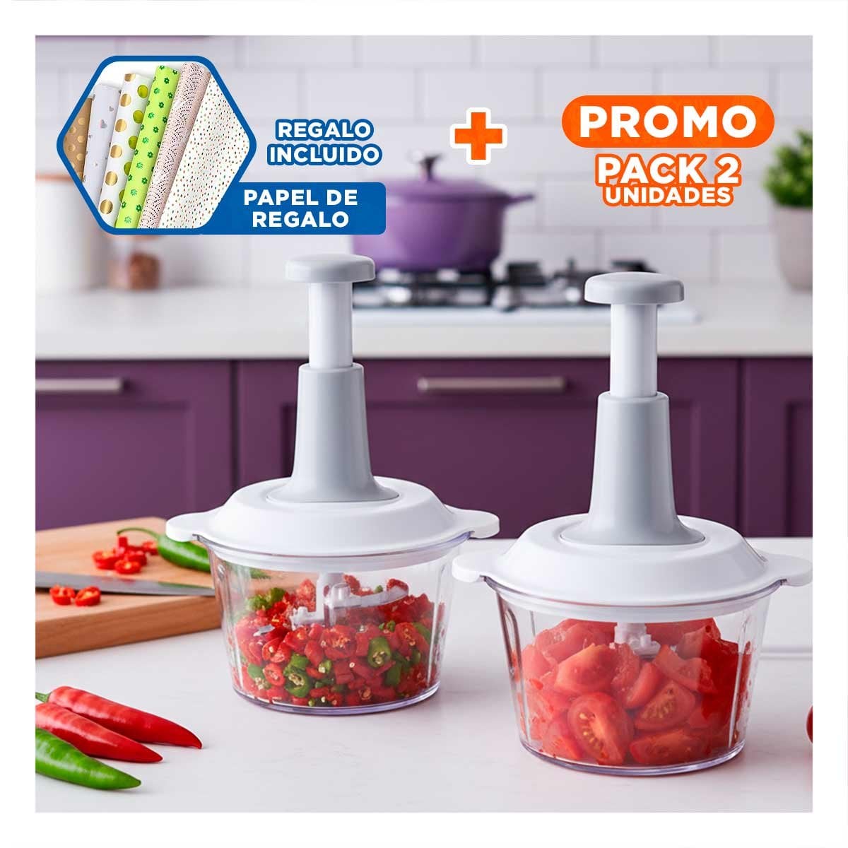 PACK2 CORTADOR DE VERDURAS MULTIFUNCIONAL 1 5L BLANCO Y PLOMO PARA USO FAMILIAR Y+PAPEL REGALO - 1