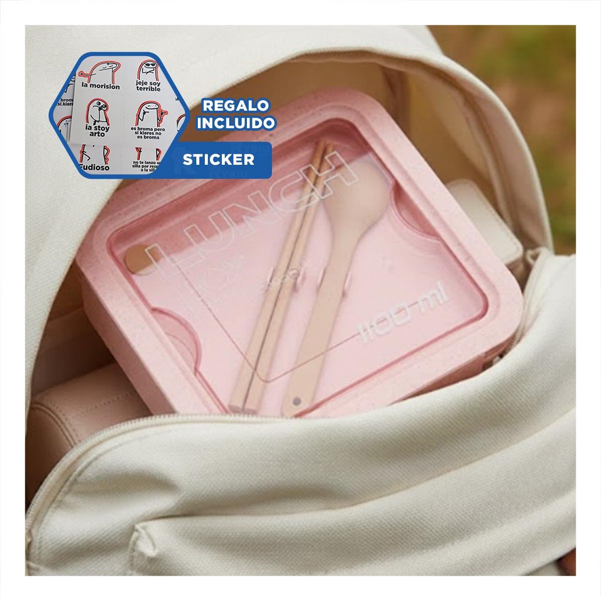RECIPIENTE CUADRADO CON CUBIERTOS 1100ML ROSADO PARA LUNCH Y LLEVAR COMIDA Y+REGALO STICKER - 1