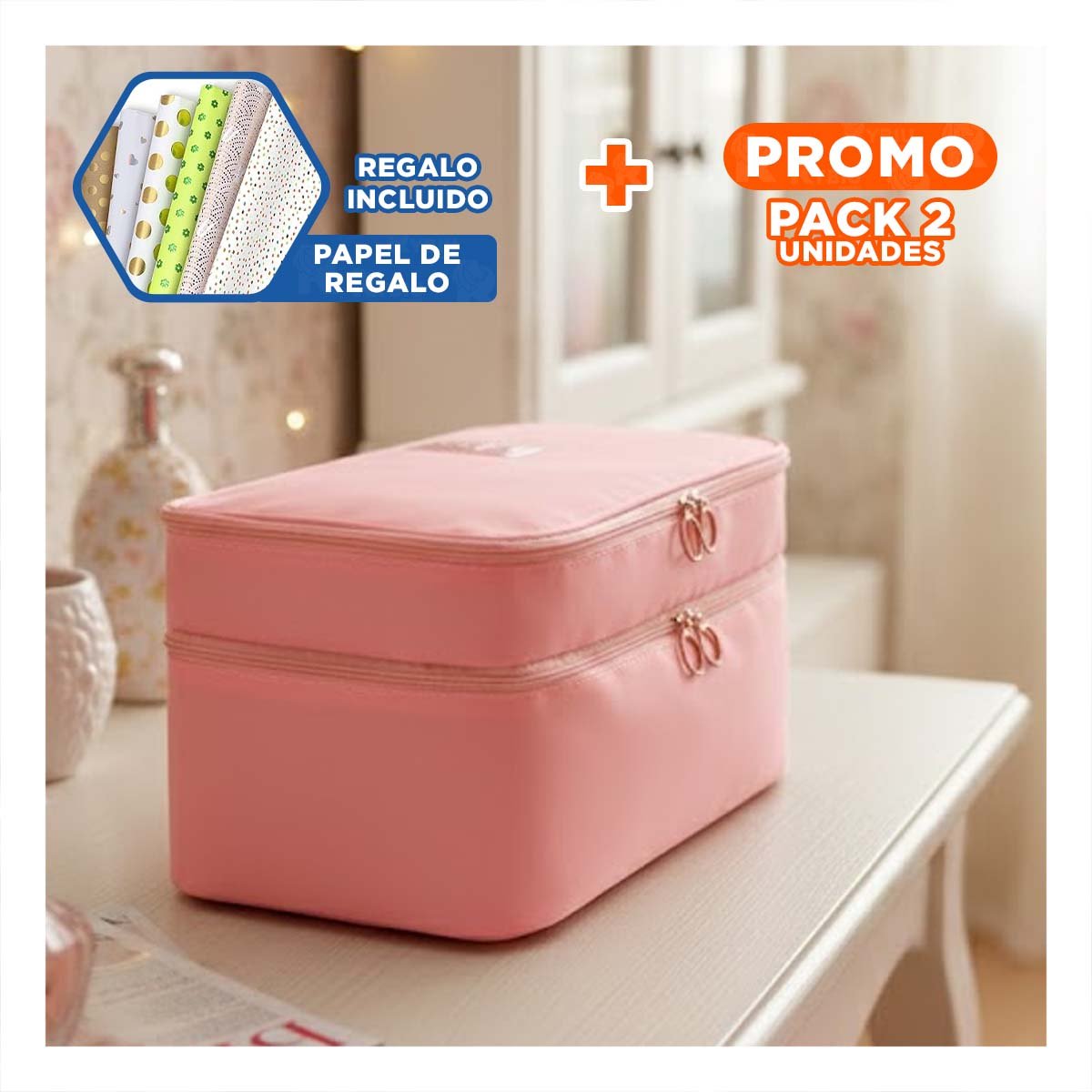 PACK2 NECESER PRACTICO 4 ESPACIOS 30X16X17CM ROSADO PARA HOGAR Y+PAPEL REGALO - 1