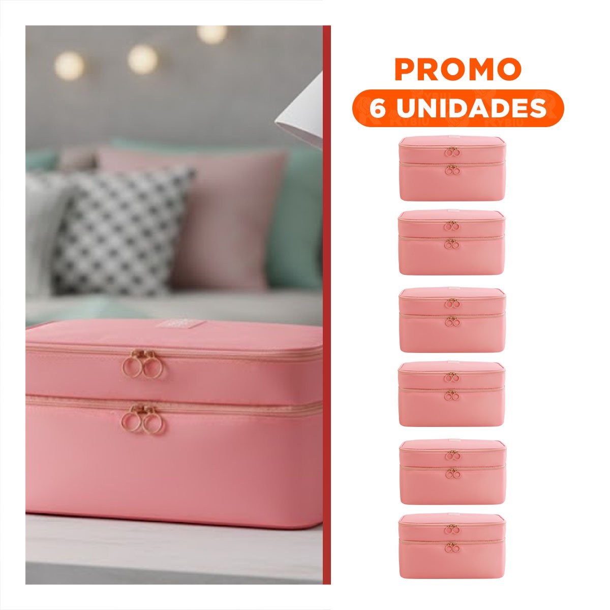 PACK6 NECESER MODERNO 4 ESPACIOS 30X16X17CM ROSADO PARA VIAJE - 1