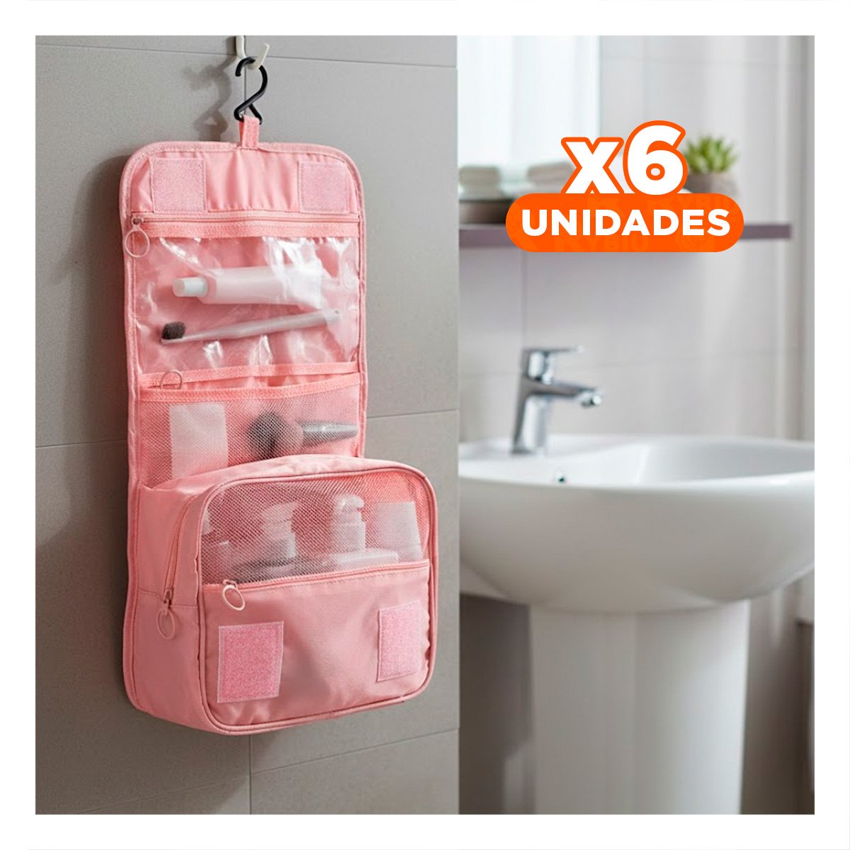 PACK6 COSMETIQUERO 24X8X19 CM ROSADO FUNCIONAL PARA PREPARARSE Y+REGALO STICKER - 1