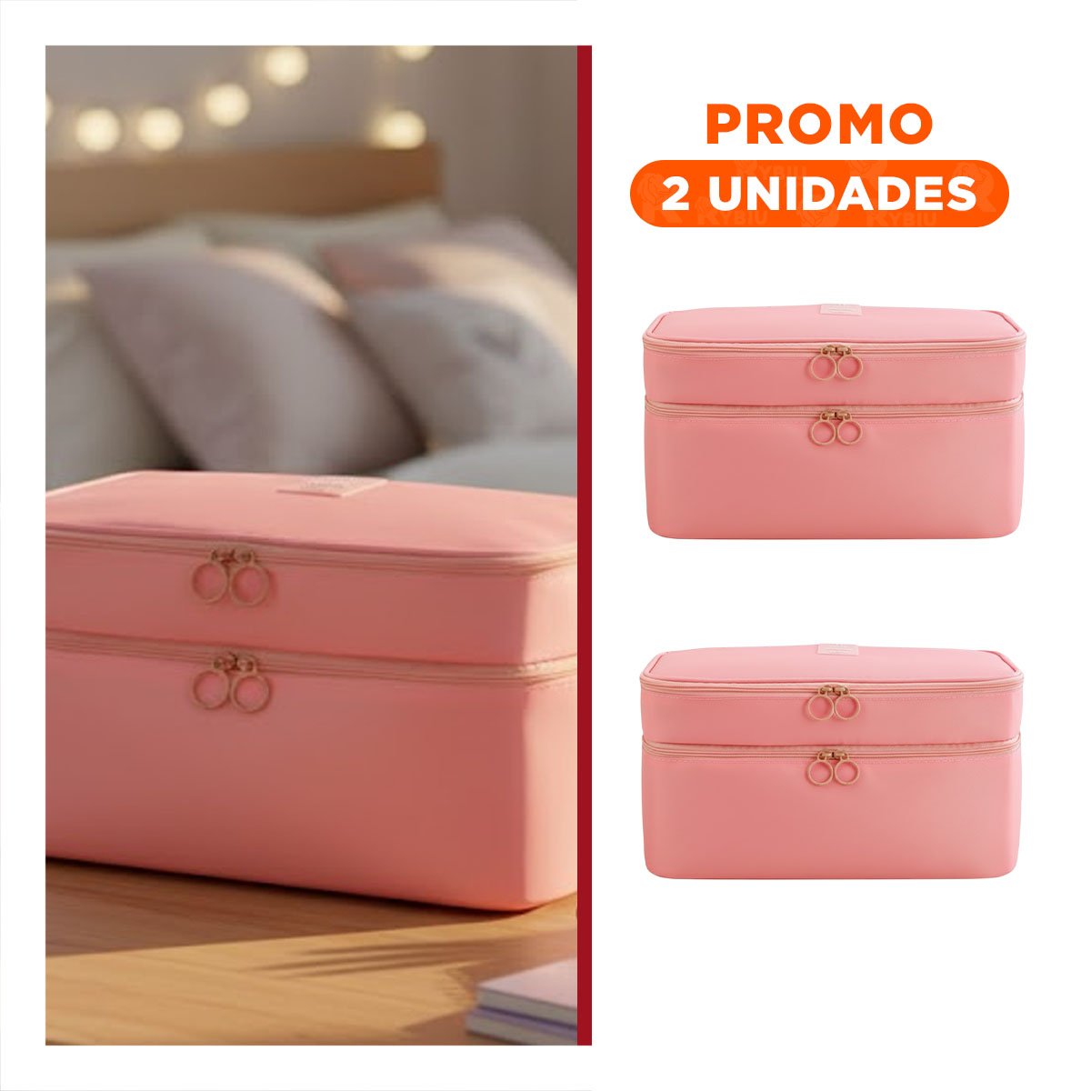 PACK2 PORTA COSMETICOS DE VIAJE 4 ESPACIOS 30X16X17CM ROSADO - 1
