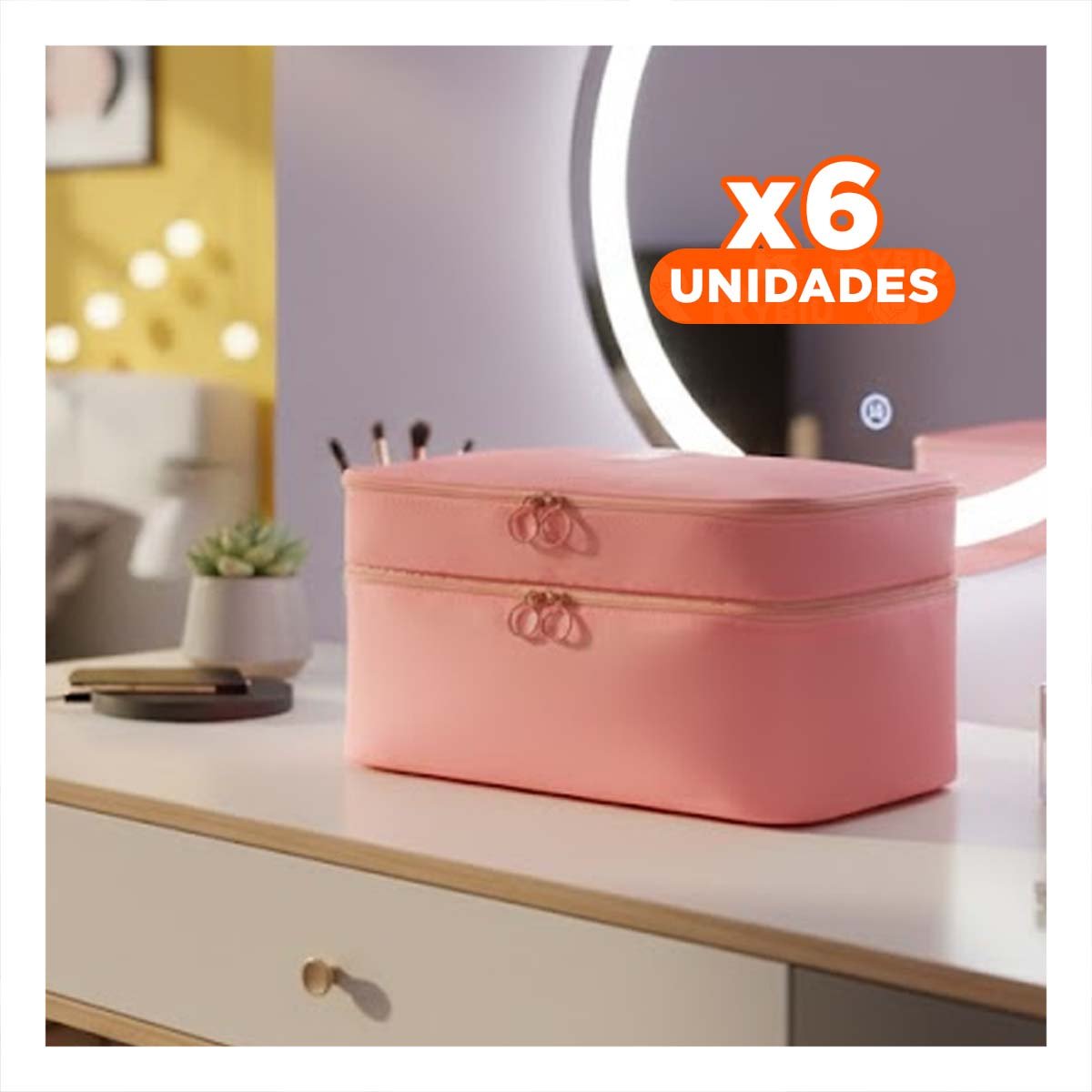 PACK6 ESTUCHE MODERNO 4 ESPACIOS 30X16X17CM ROSADO PARA MUJER Y+REGALO STICKER - 1