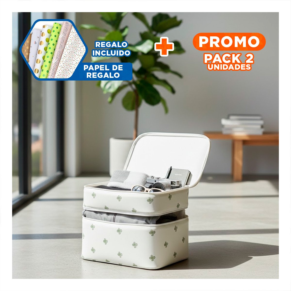 PACK2 ESTUCHE FUNCIONAL 4 ESPACIOS 30X16X17CM PARA ACCESORIOS BLANCO CACTUS Y+PAPEL REGALO - 1