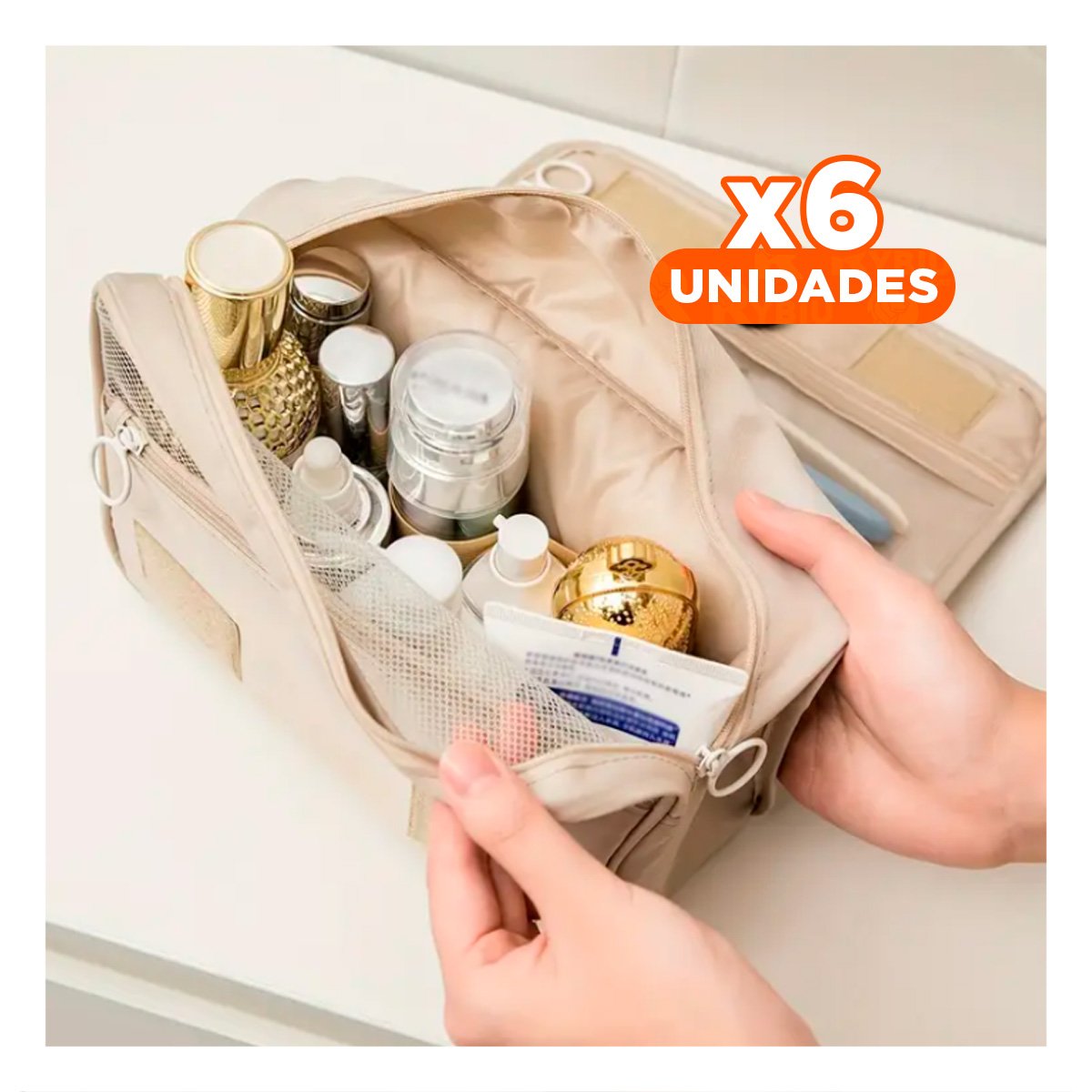PACK6 COSMETIQUERO 24X8X19 CM BEIGE FUNCIONAL CON COMPARTIMENTOS Y+REGALO STICKER - 1