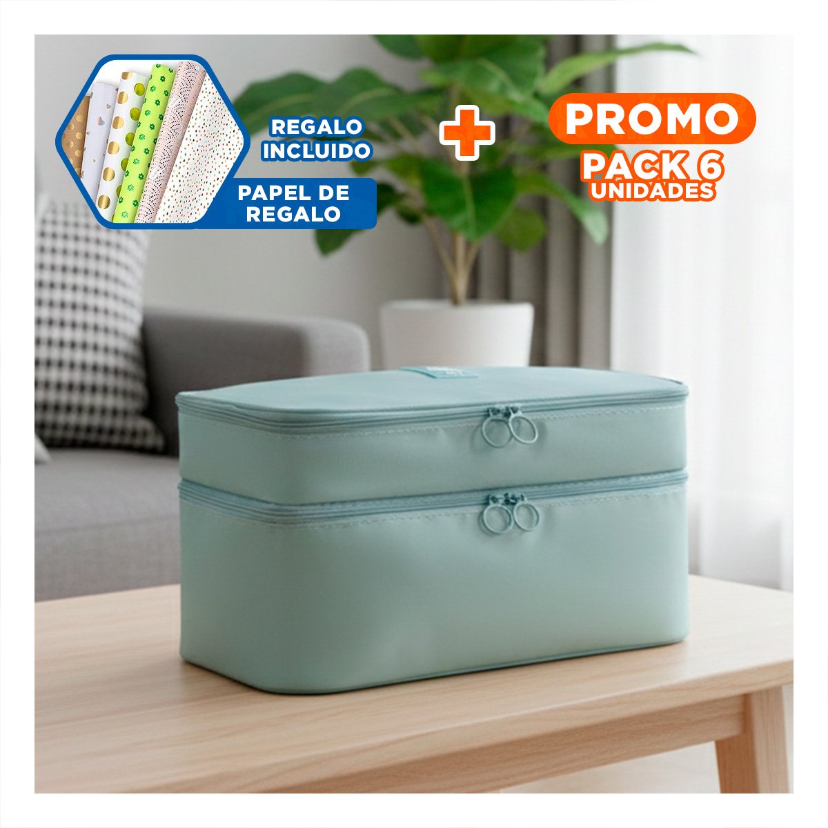 PACK6 BOLSO MODERNO 4 ESPACIOS 30X16X17CM CELESTE PARA HOGAR Y+PAPEL REGALO - 1