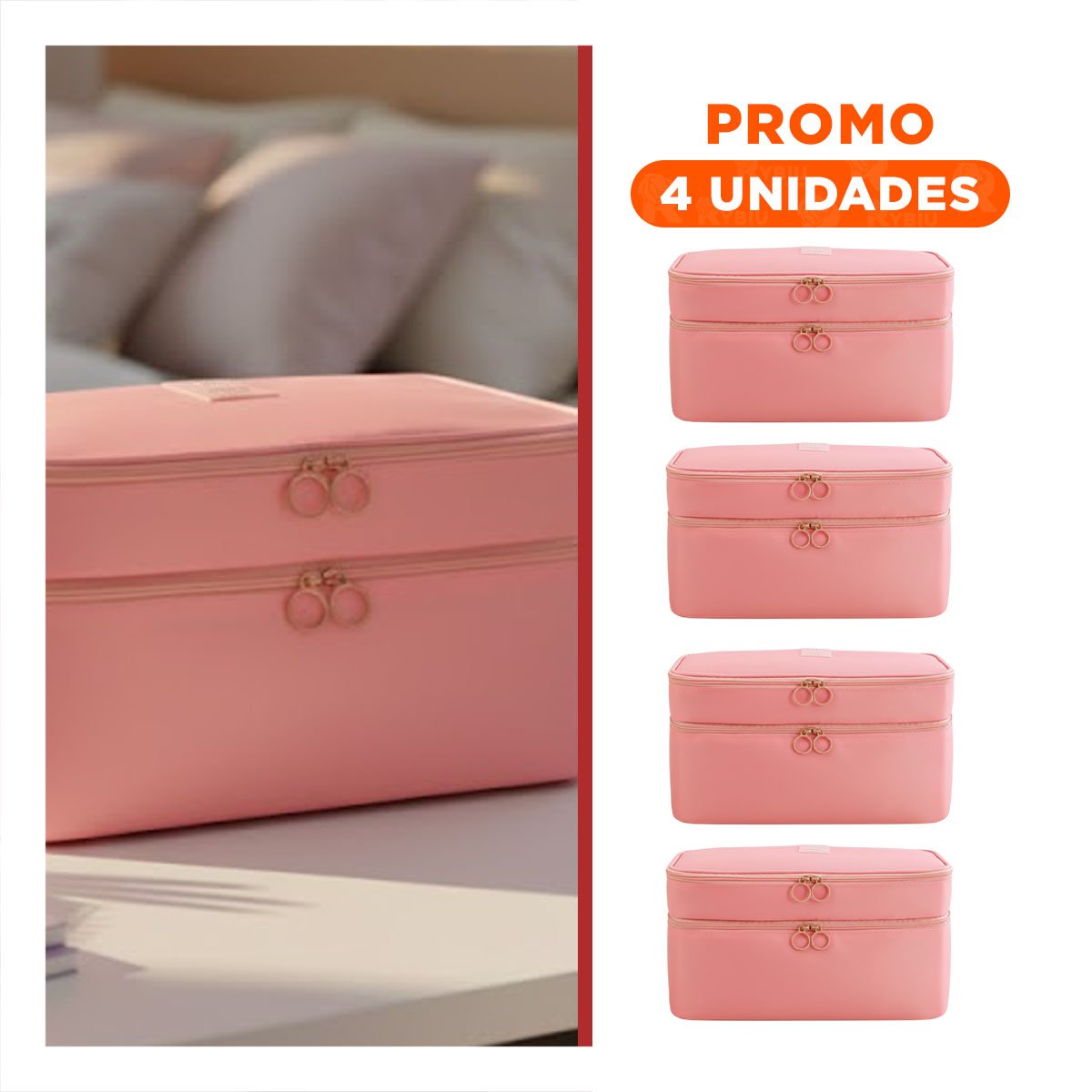PACK4 PORTA MAQUILLAJE PRACTICO 4 ESPACIOS 30X16X17CM ROSADO Y+REGALO STICKER - 1