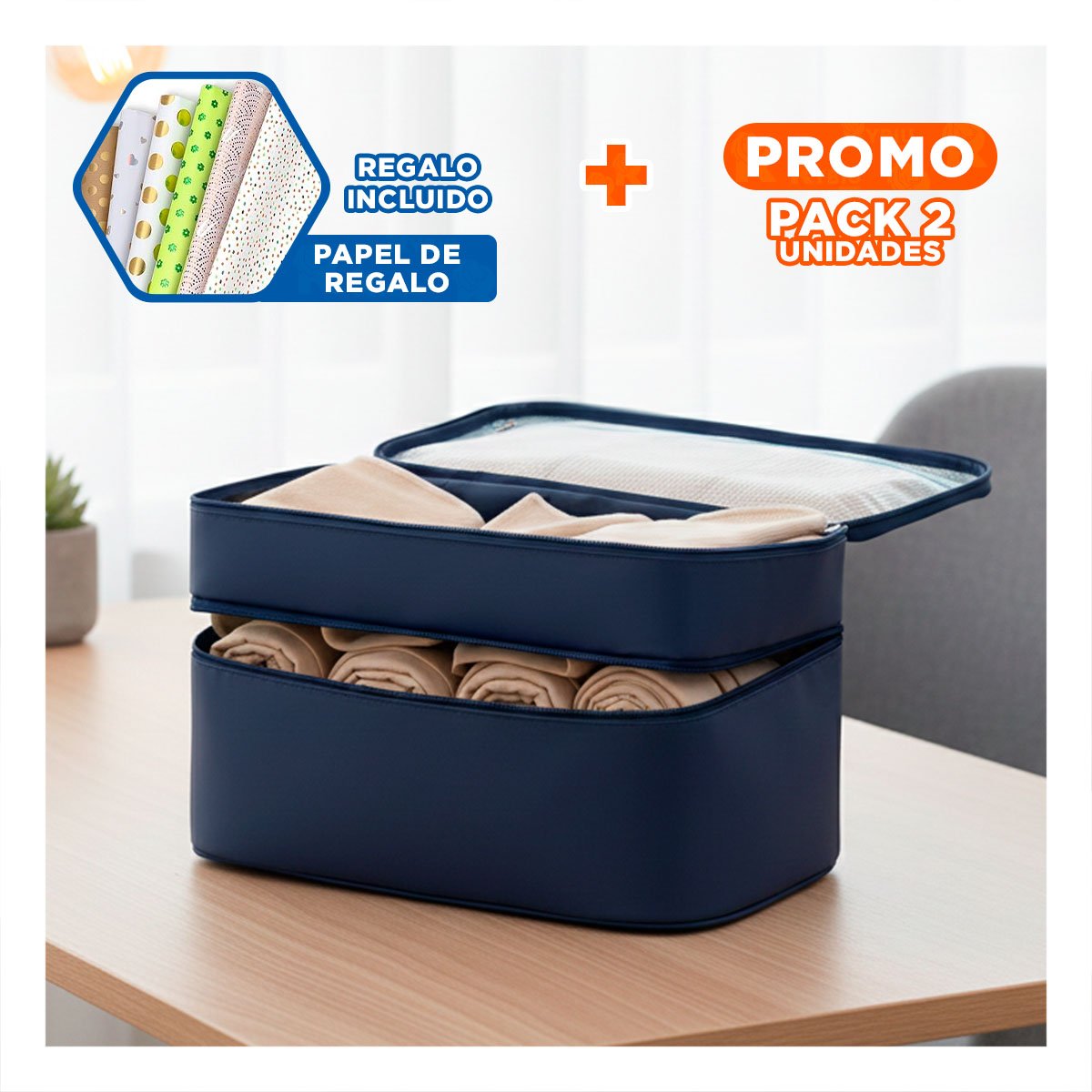 PACK2 NECESER PRACTICO 4 ESPACIOS 30X16X17CM AZUL PARA HOGAR Y+PAPEL REGALO - 1