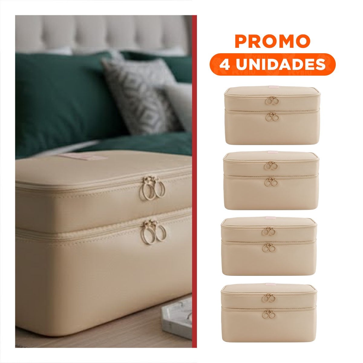 PACK4 PORTA MAQUILLAJE PRACTICO 4 ESPACIOS 30X16X17CM BEIGE Y+REGALO STICKER - 1