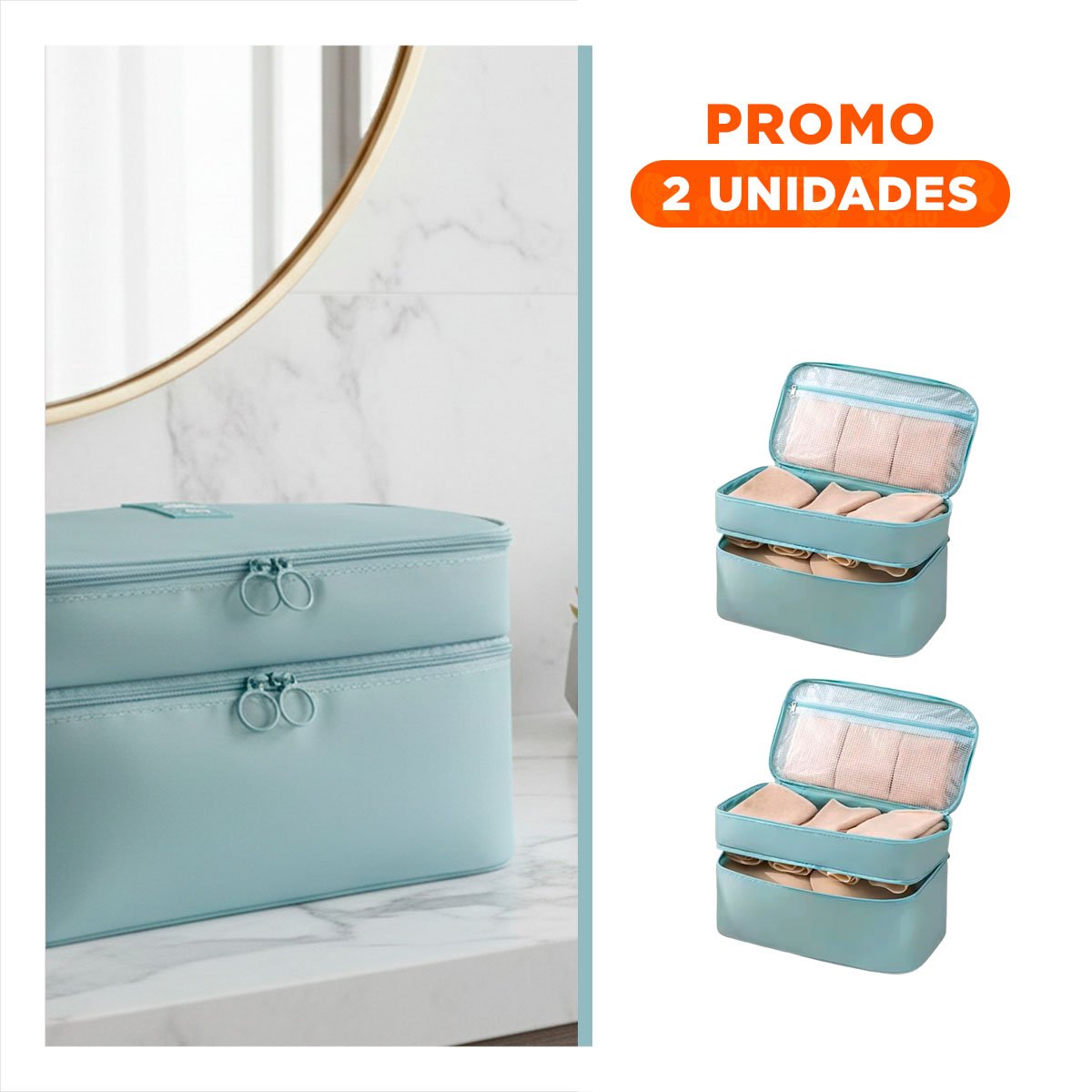 PACK2 PORTA COSMETICOS DE VIAJE 4 ESPACIOS 30X16X17CM CELESTE - 1