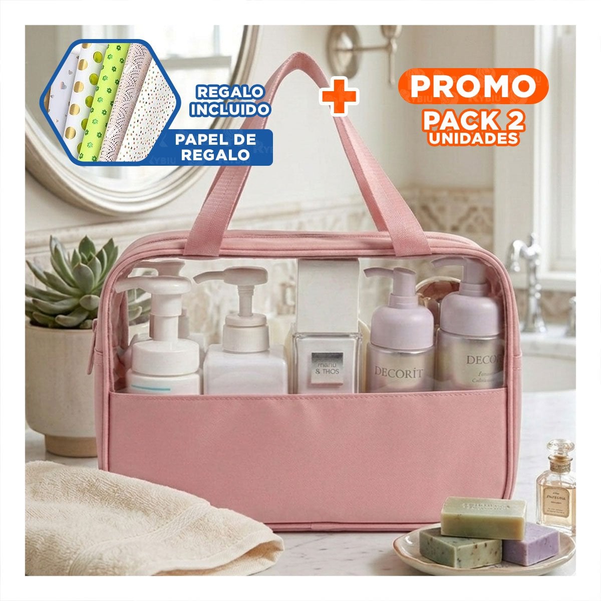PACK2 EQUIPO NECESER RECTANGULAR CON ASAS ROSADO MATERIAL DURABLE Y+PAPEL REGALO - 1