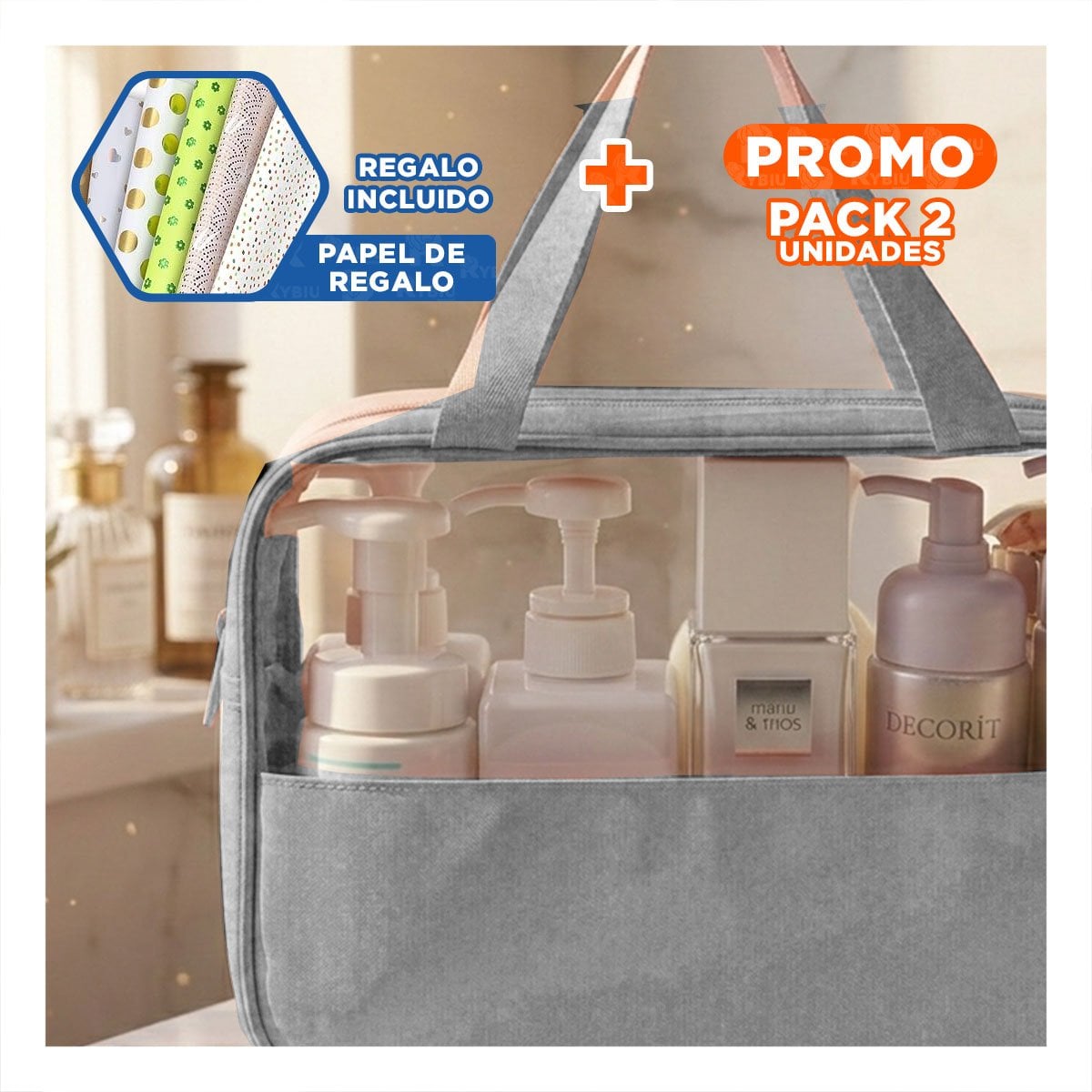 PACK2 MALETIN RECTANGULAR CON ASAS PARA HIGIENE ROSADO ESPACIOSO Y MODERNO Y+PAPEL REGALO - 1