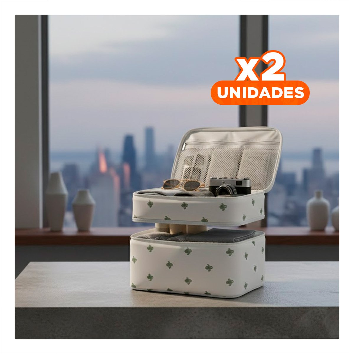 PACK2 BOLSA ORGANIZADORA 4 ESPACIOS 30X16X17CM PARA MAQUILLAJE BLANCO CACTUS Y+REGALO STICKER - 1