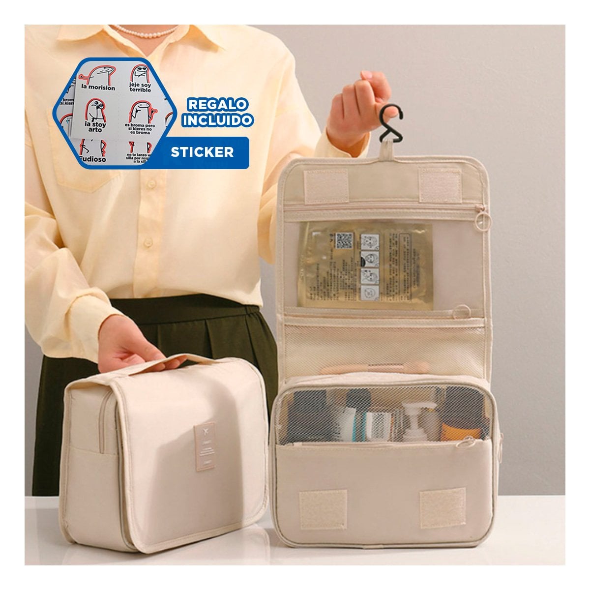 ESTUCHE COLGABLE 24X8X19 CM BEIGE CON MEDIDAS FACIL DE TRANSPORTAR Y+REGALO STICKER - 1