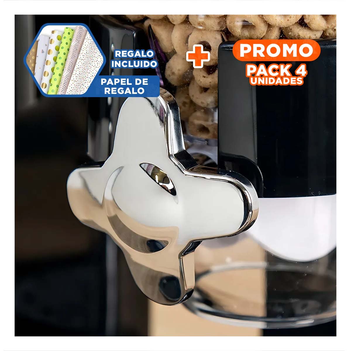 PACK4 DISTRIBUIDOR DOBLE DE GRANOS 2L NEGRO MODERNO Y PRACTICO PARA HOGAR Y+PAPEL REGALO - 1