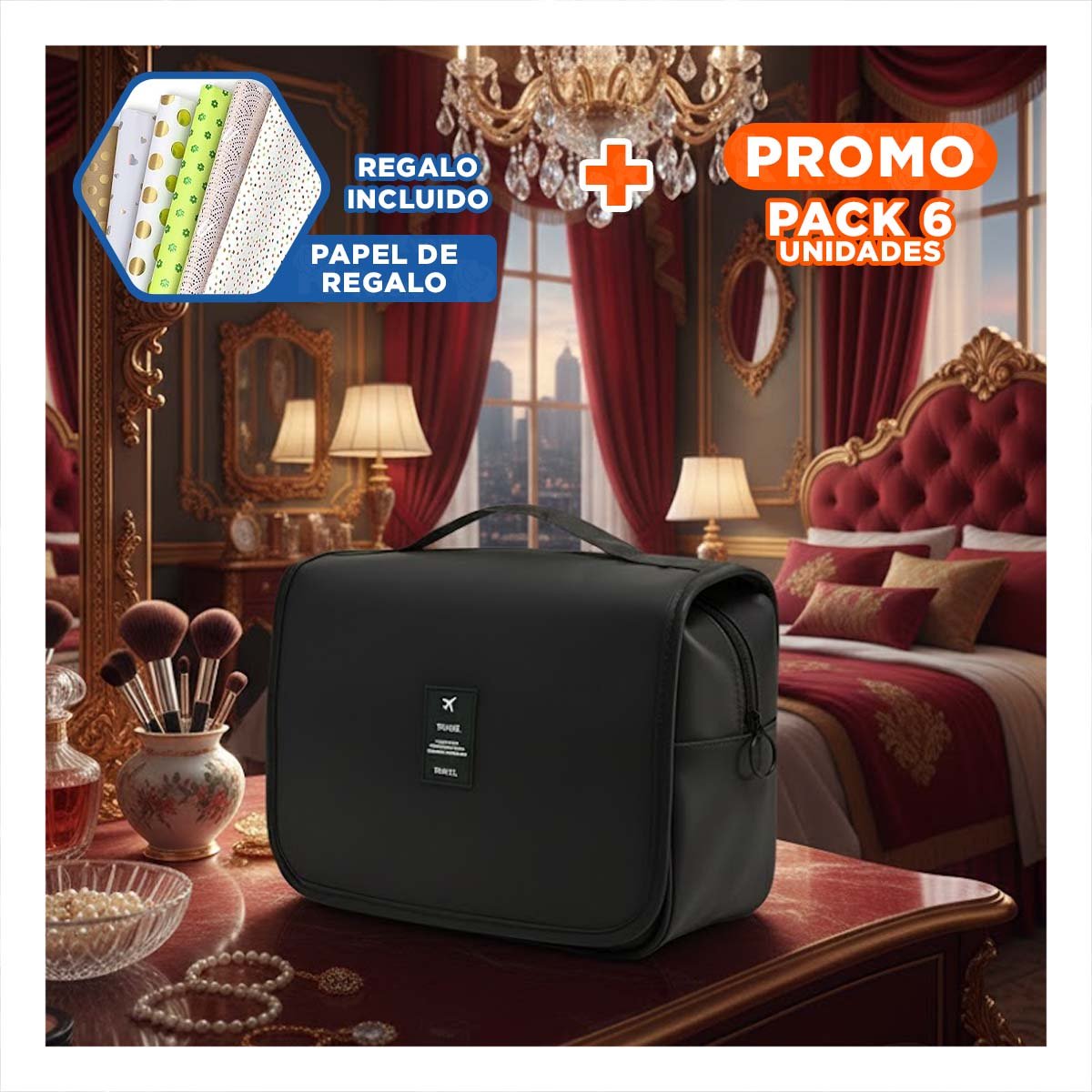 PACK6 COSMETIQUERO 24X8X19CM NEGRO COLGANTE PRACTICO PARA SALIDAS Y+PAPEL REGALO - 1