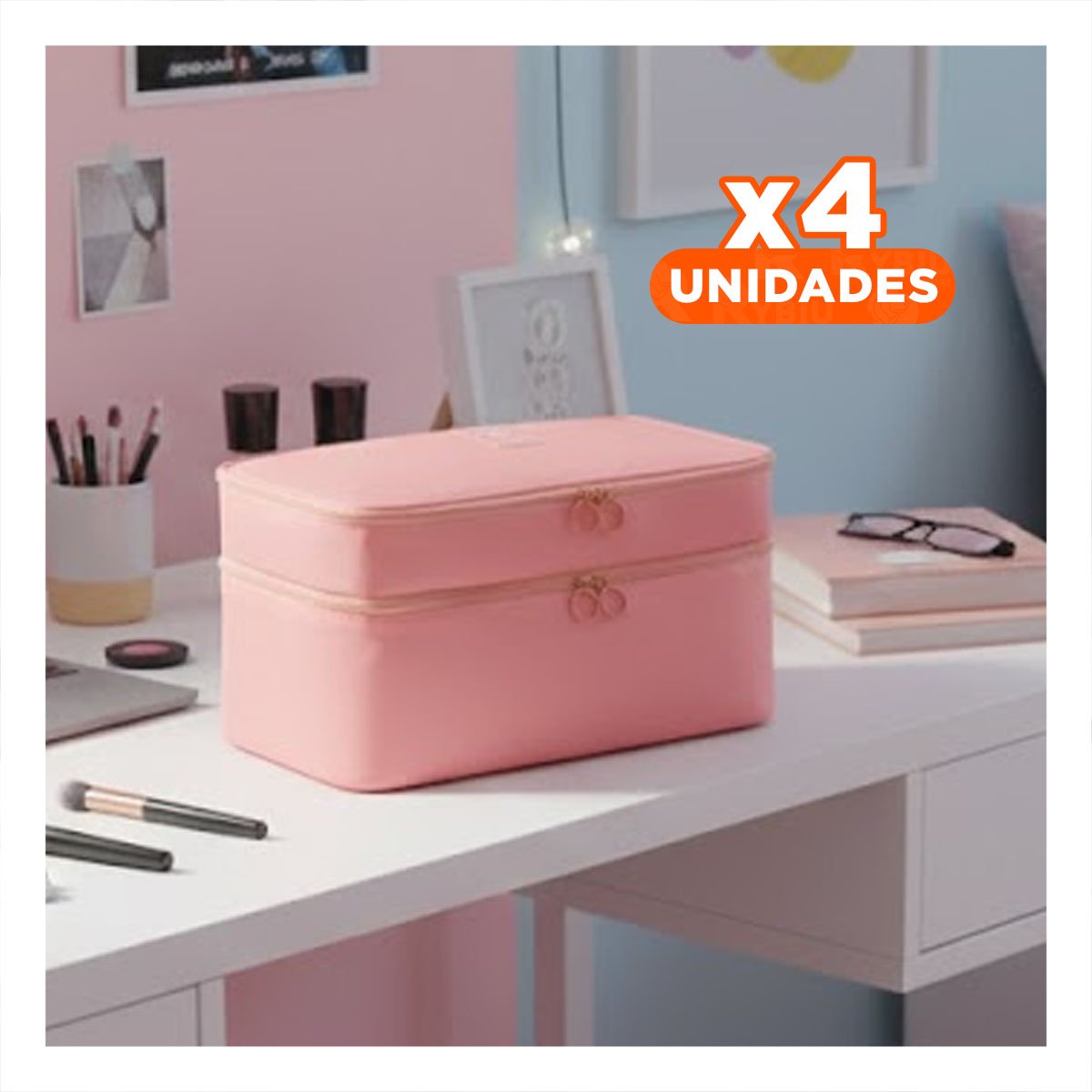 PACK4 ESTUCHE PRACTICO 4 ESPACIOS 30X16X17CM ROSADO PARA VIAJE - 1
