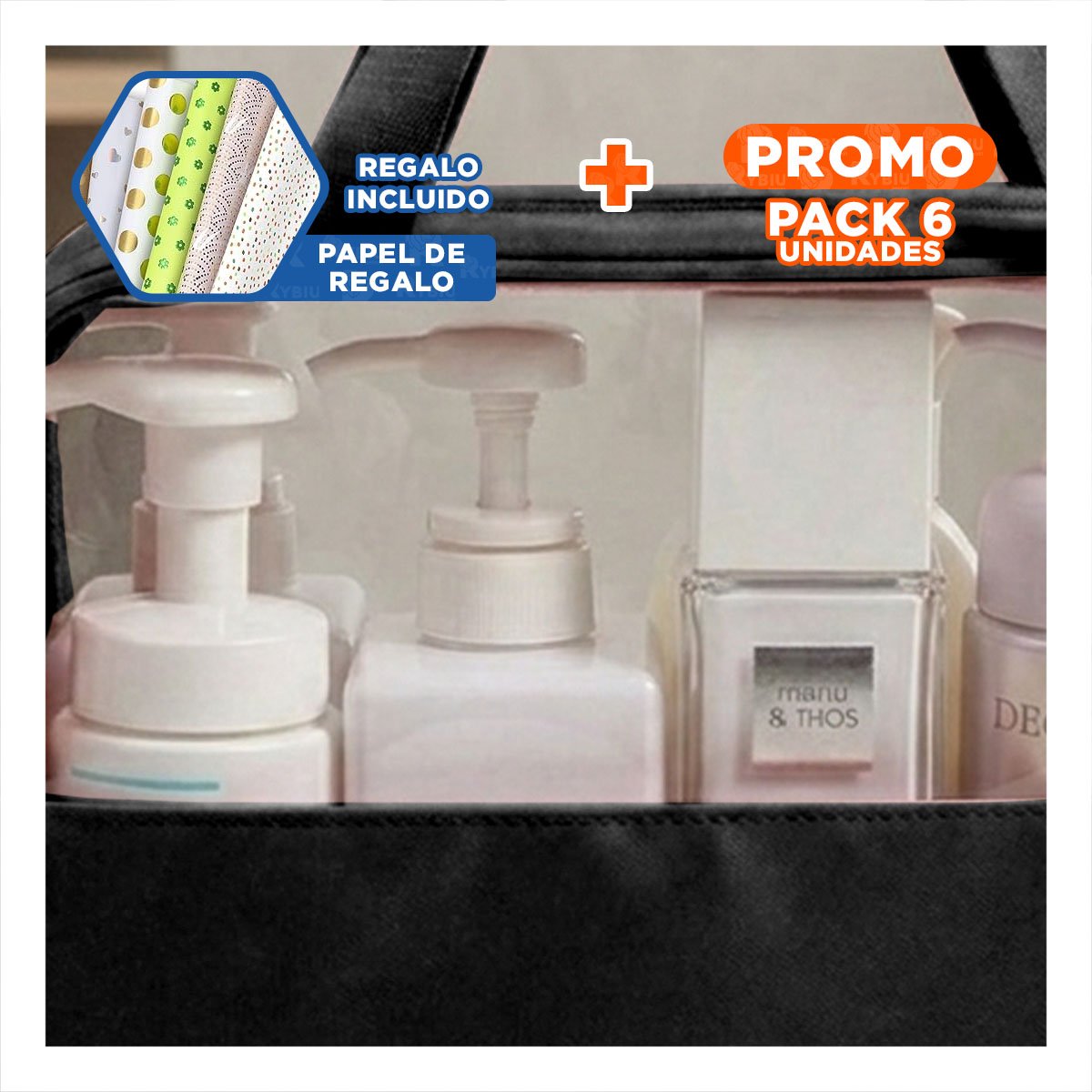 PACK6 BOLSO RECTANGULAR CON ASAS PARA ASEO NEGRO FUNCIONAL Y SEGURO Y+PAPEL REGALO - 1