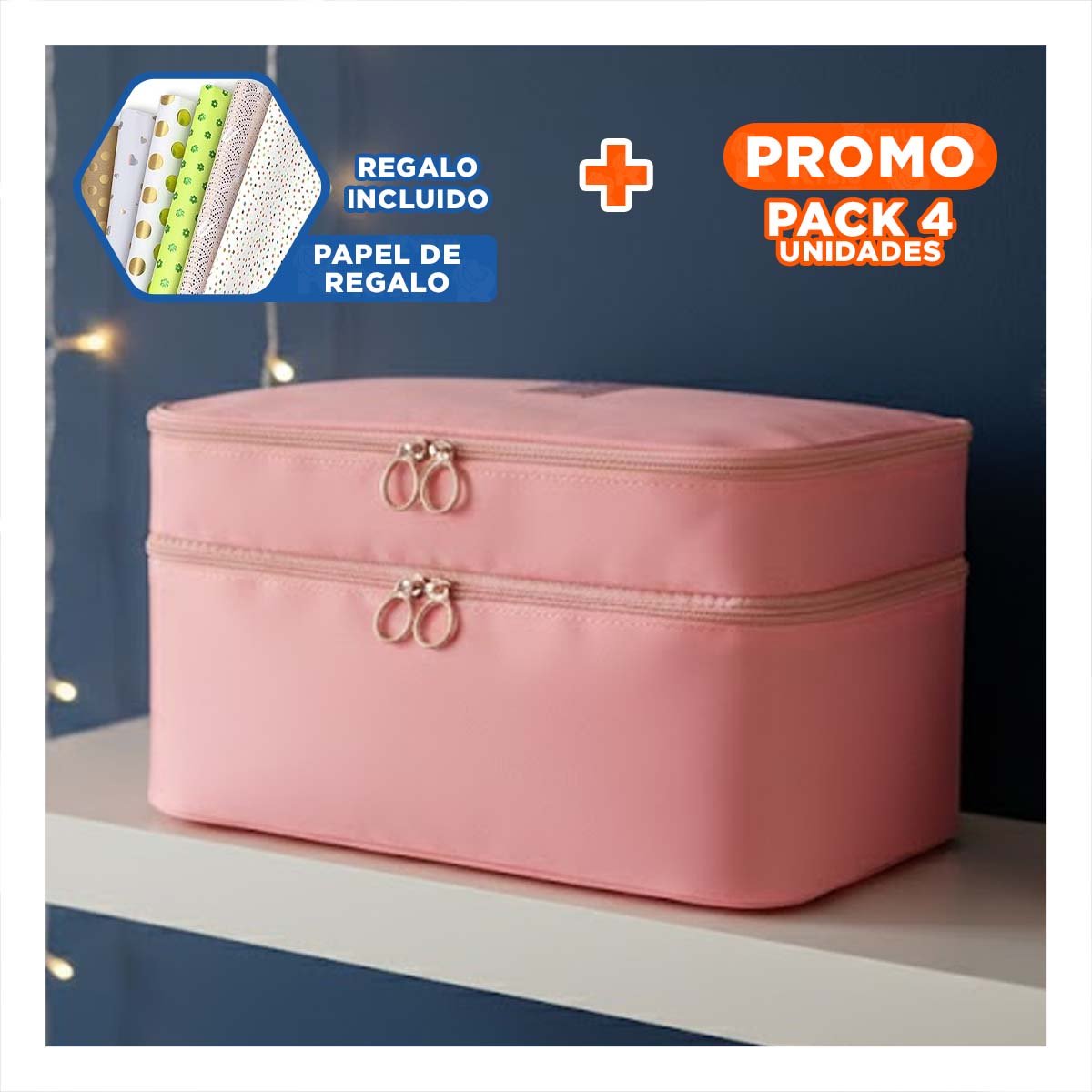 PACK4 COSMETIQUERO PRACTICO 4 ESPACIOS 30X16X17CM ROSADO PARA ACCESORIOS Y+PAPEL REGALO - 1
