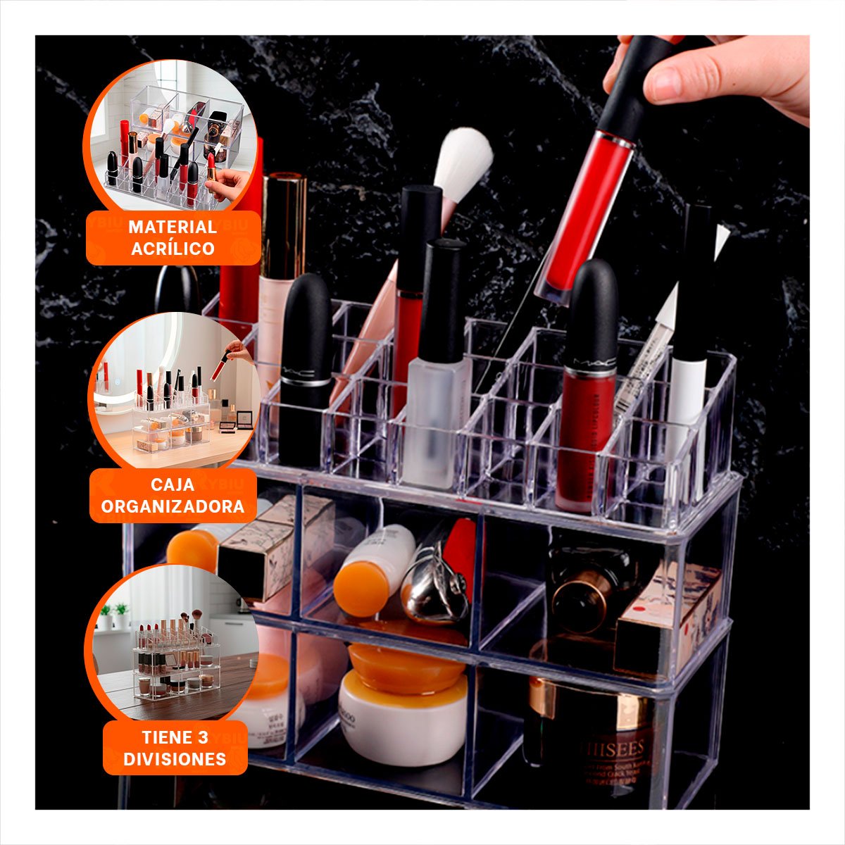 CAJA PARA LABIALES DE ACRILICO 2 PISOS 3 DIVISIONES TRANSPARENTE Y+PAPEL REGALO - 5