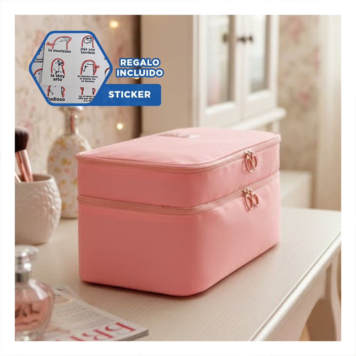 BOLSO DE VIAJE 4 ESPACIOS 30X16X17CM ROSADO PARA MAQUILLAJE Y+REGALO STICKER - 1