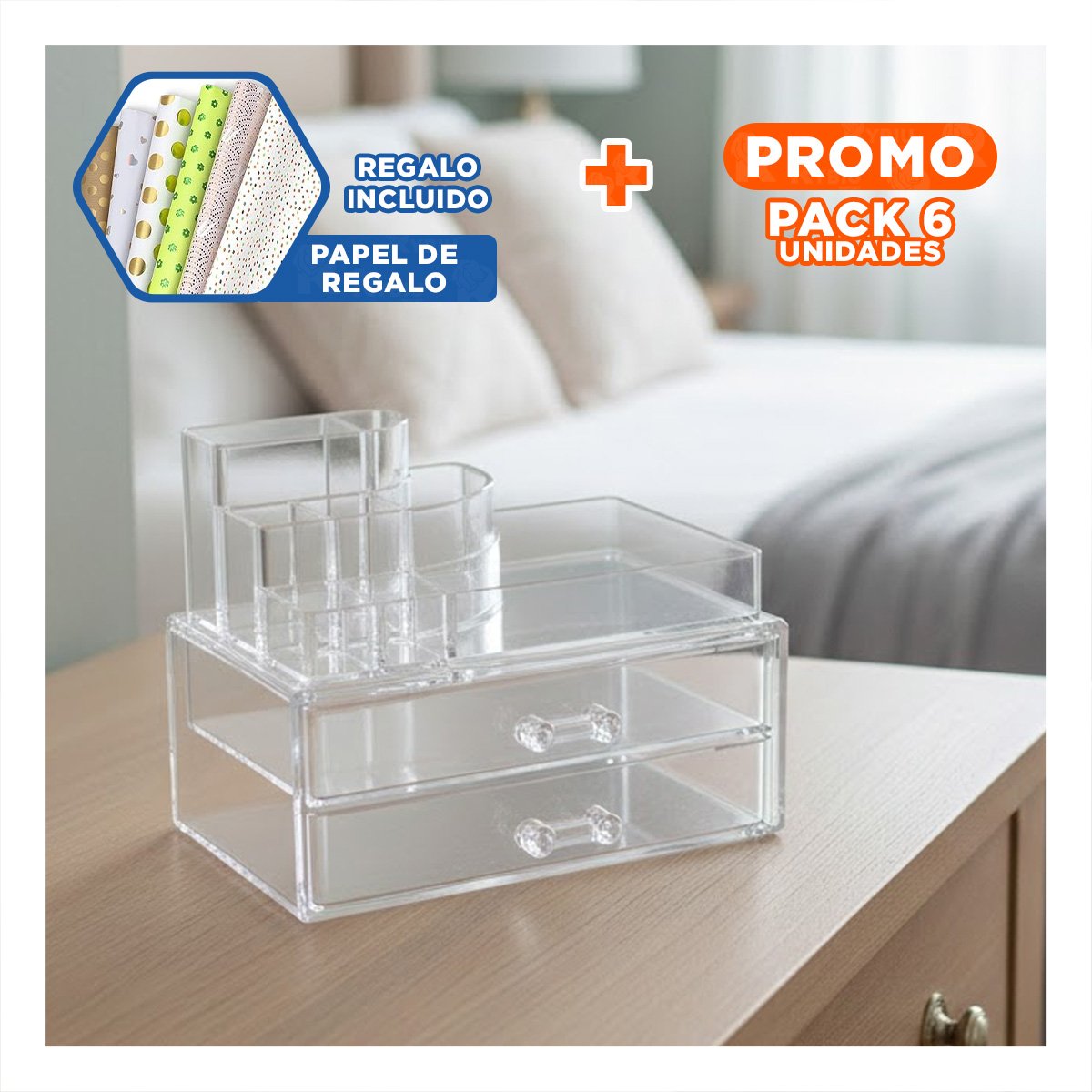 PACK6 CONTENEDOR TRANSPARENTE ACRILICO CON SEPARACIONES PARA MEJOR ORDEN Y+PAPEL REGALO - 1